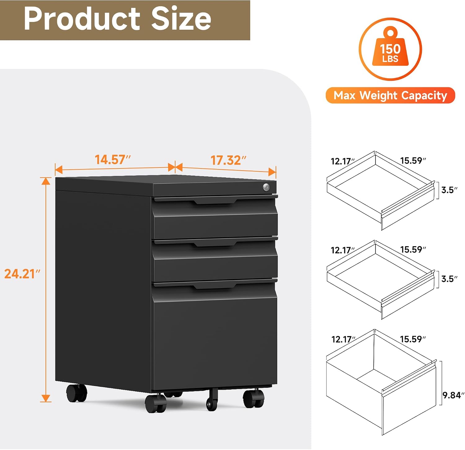 Coolsun 3 Drawer Mobile File Cabinet, Under Desk Storage Cabinet with Wheels, Office Cabinet for A4/F4/Letter, Assembly Required