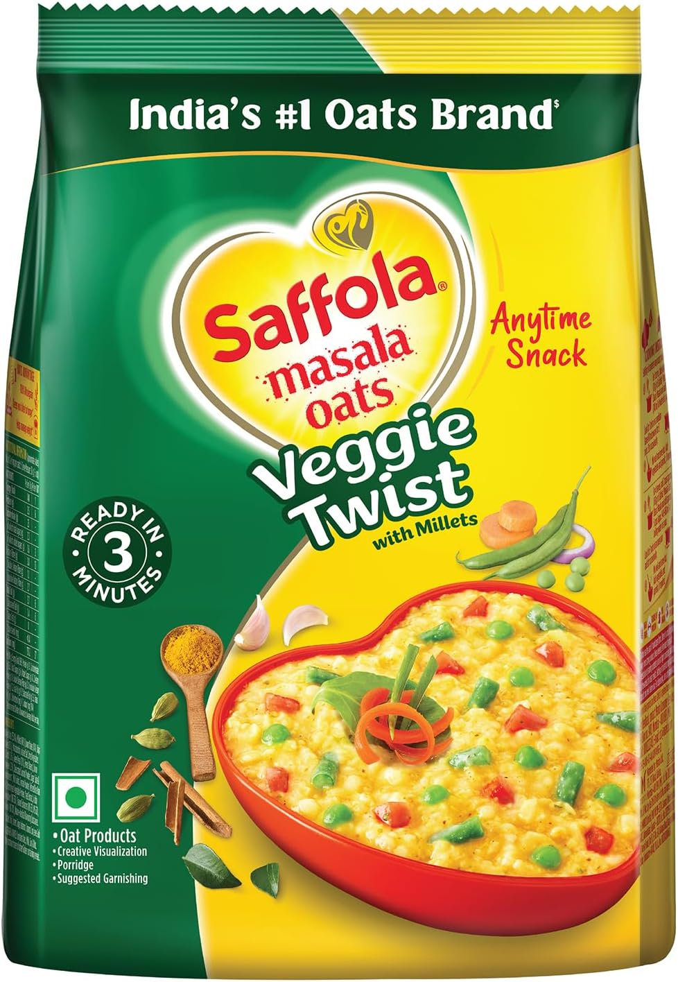 Saffola Masala Oats Veggie Twist | Delicious, Anytime Snack | Ready in 3 Minutes | Millet Goodness - with Bajra & Jowar | No Maida, No Additional Preservatives | Helps with
