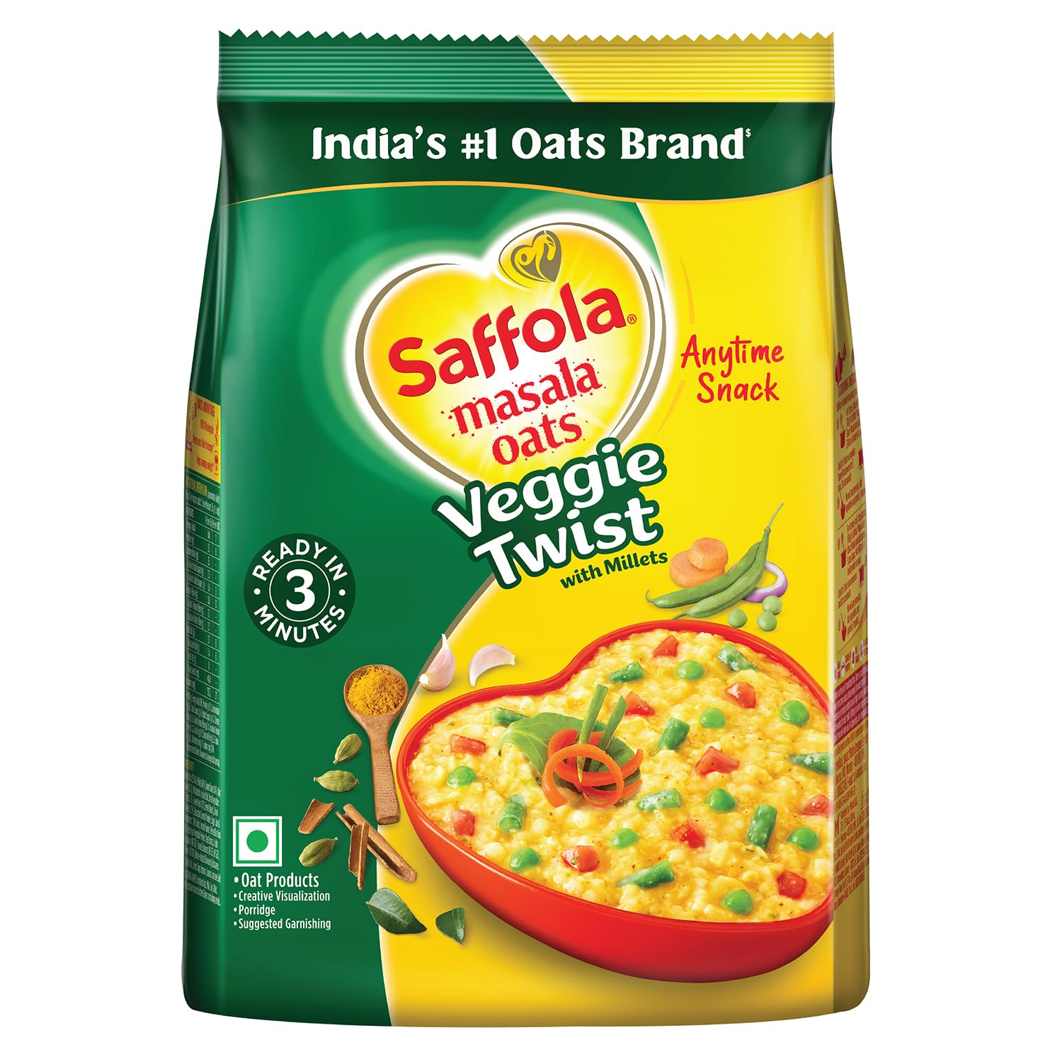 Saffola Masala Oats Veggie Twist | Delicious, Anytime Snack | Ready in 3 Minutes | Millet Goodness - with Bajra & Jowar | No Maida, No Additional Preservatives | Helps with
