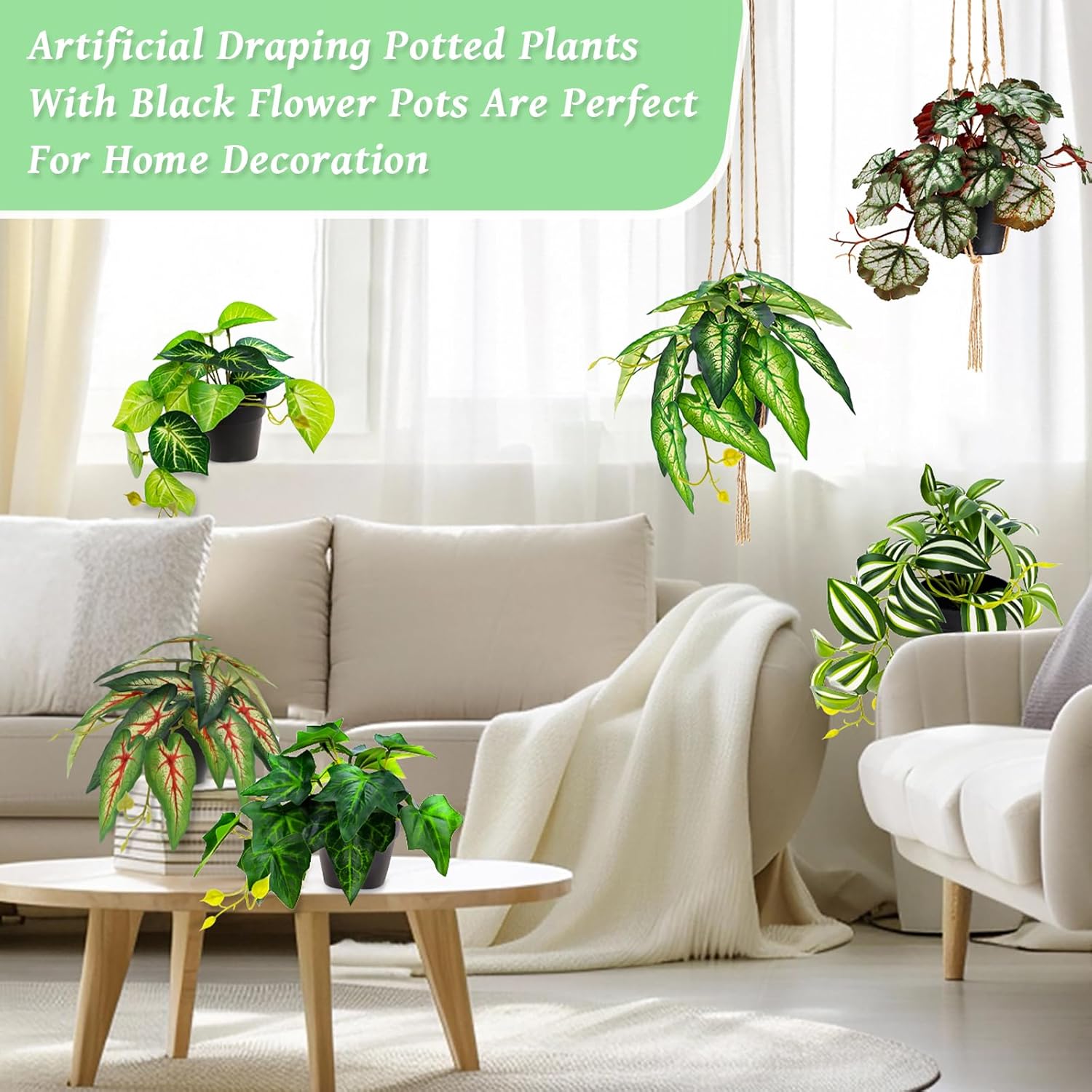 Gresorth 3 Pack Fake Hanging Caladium Plants Artificial Caladium Vine Plant Faux Draping Potted Realistic Assorted Leaves in Pot for Bathroom Bedroom Livingroom - 34.6 Inch - Image 4