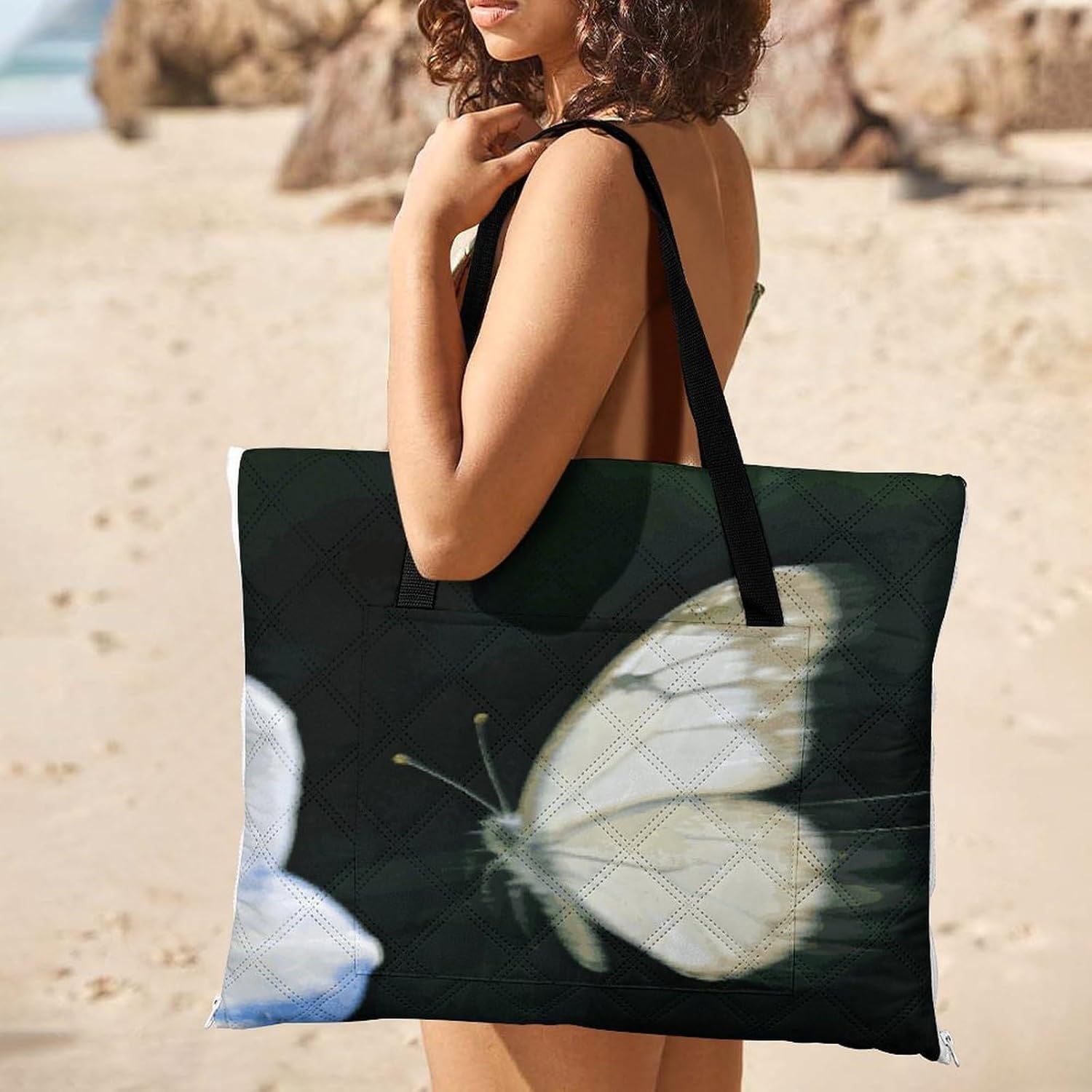 White Blue Flower Picnic Blanket with Zipper Water Resistant Sand Free Picnic Mat Washable Foldable Easy Carry Beach Blanket for Lawn Beach Hiking Camping