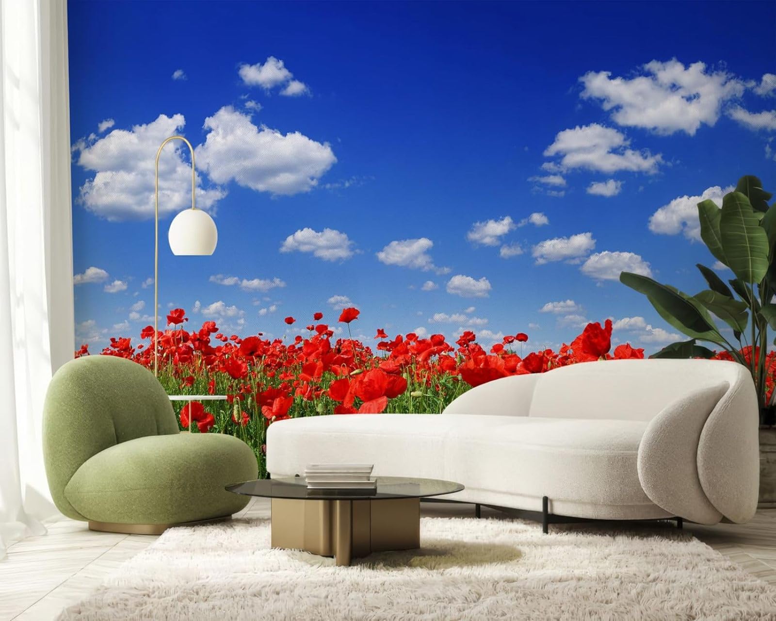 Photo Wallpaper Field Flowers Blue Sky Red Poppies Flower Meadow Non-Woven Modern Wall Wallpaper Living Room Bedroom Children's Room Wall Decoration Motif,400cmx280cm Stickers - Frameless Painting - P
