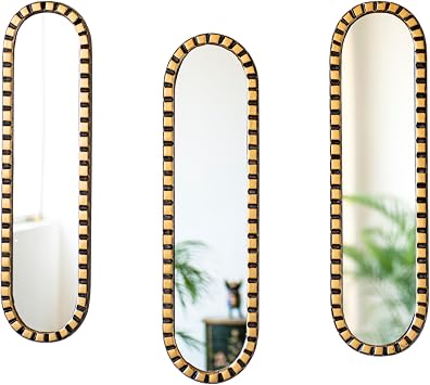 Handmade Long Narrow Mirror Set 3 for Wall Peruvian Vertical Wall Decor with Vintage Gold and Black Frame