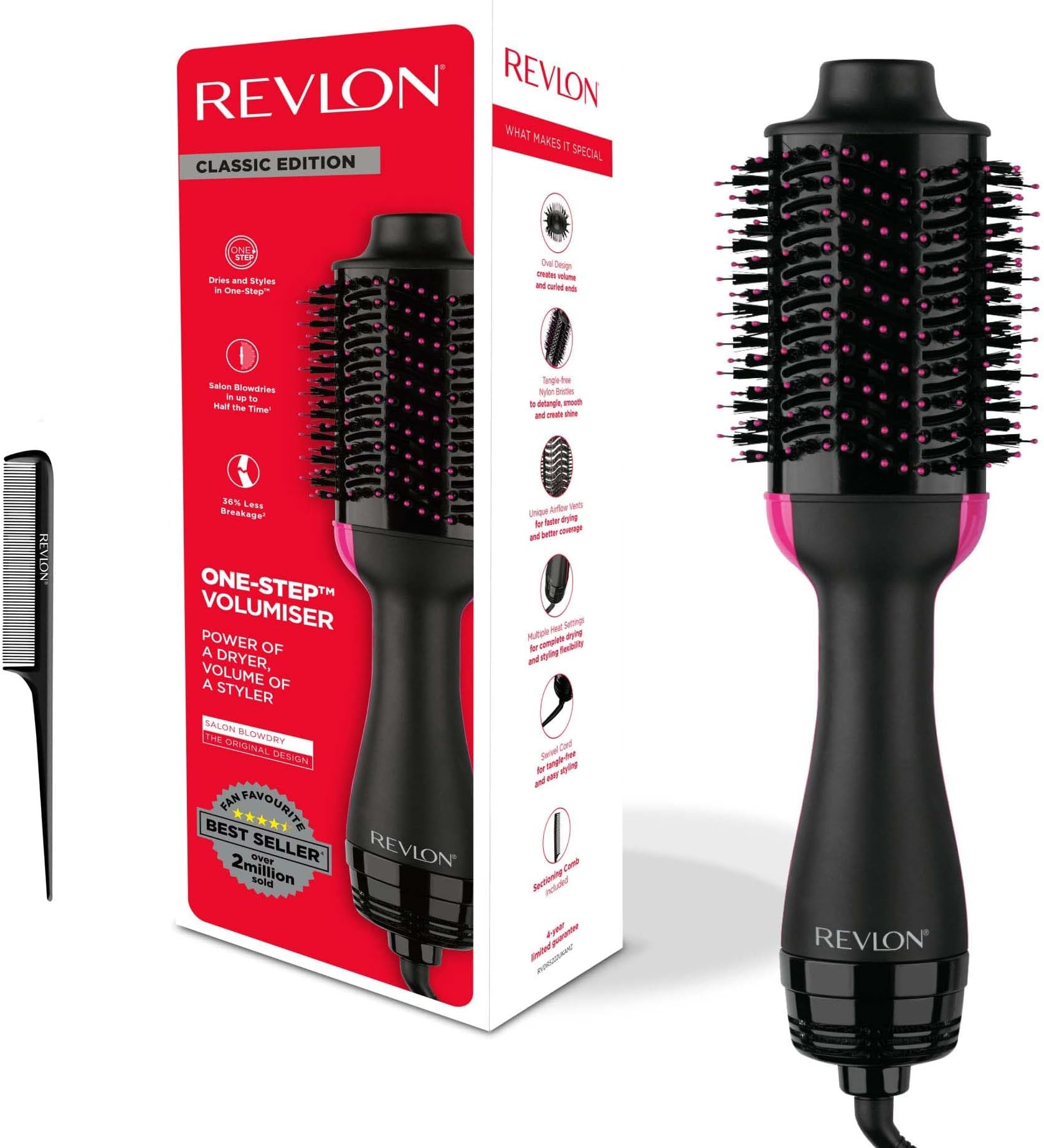 Revlon Salon One-Step Hair Dryer & Volumiser with Sectioning Comb Included (for mid to Long Hair, One-Step Technology, 2-in-1 Styling Tool, Ionic & Ceramic Technology) RVDR5222UKAMZ