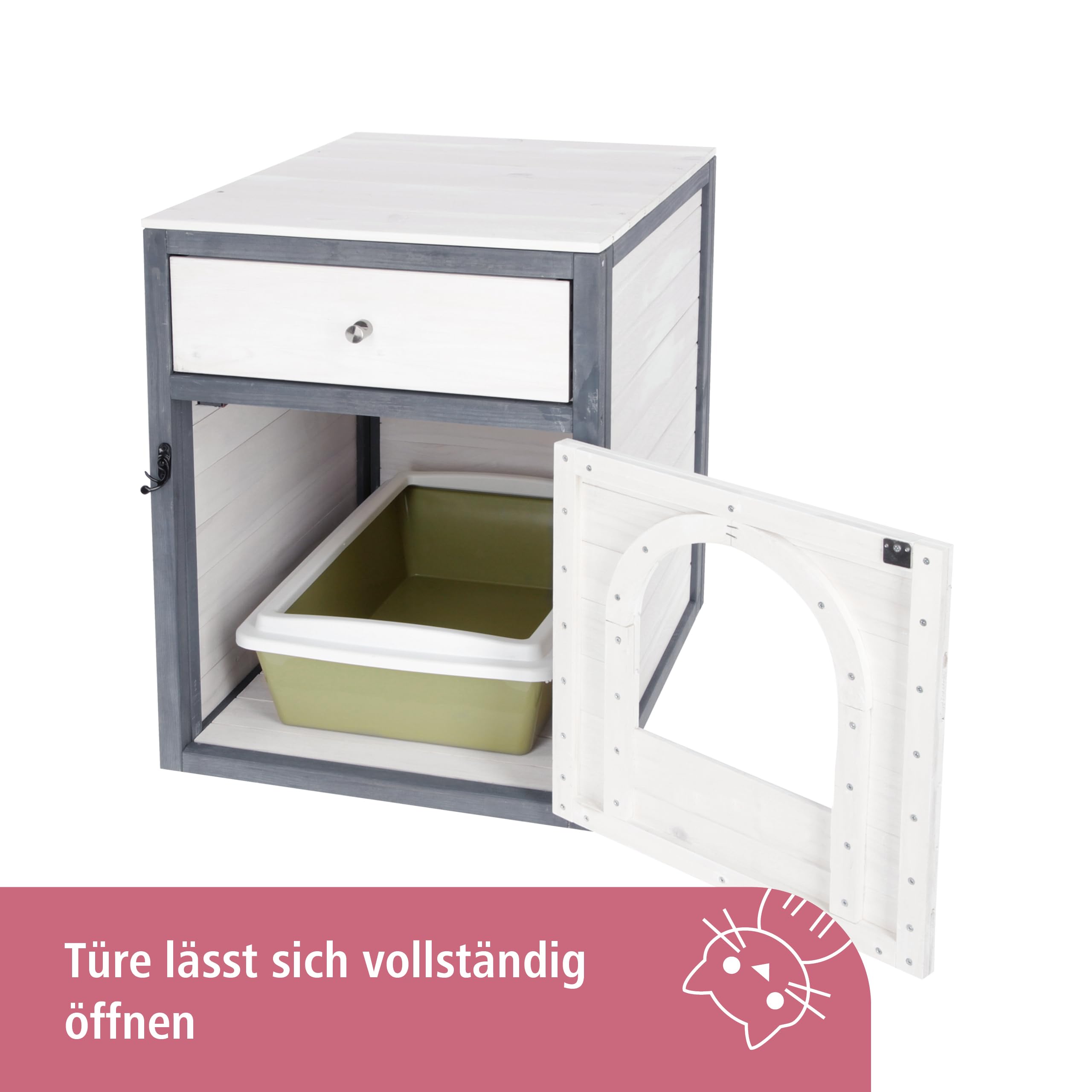 Kerbl Pet Katzenschrank Ida, Katzenhaus, weiß, grau, 58x45x60cm, Holz, Katzen, mit Schublade, Liegekissen integrierbar | Weiß/Grau, 58 × 45 × 60 cm, Katzenhaus aus Holz mit Schublade und Platz für ein Liegekissen