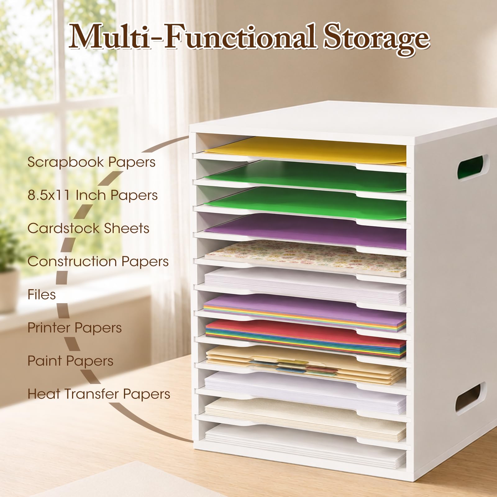 SANFURNEY Scrapbook-Papier-Organizer mit 12 Ebenen, 21,6 x 27,9 cm, Schreibtisch-Organizer mit verstellbaren Regalen, stapelbare Scrapbook-Papieraufbewahrung für Sammelalben, Karton für Zuhause, Büro