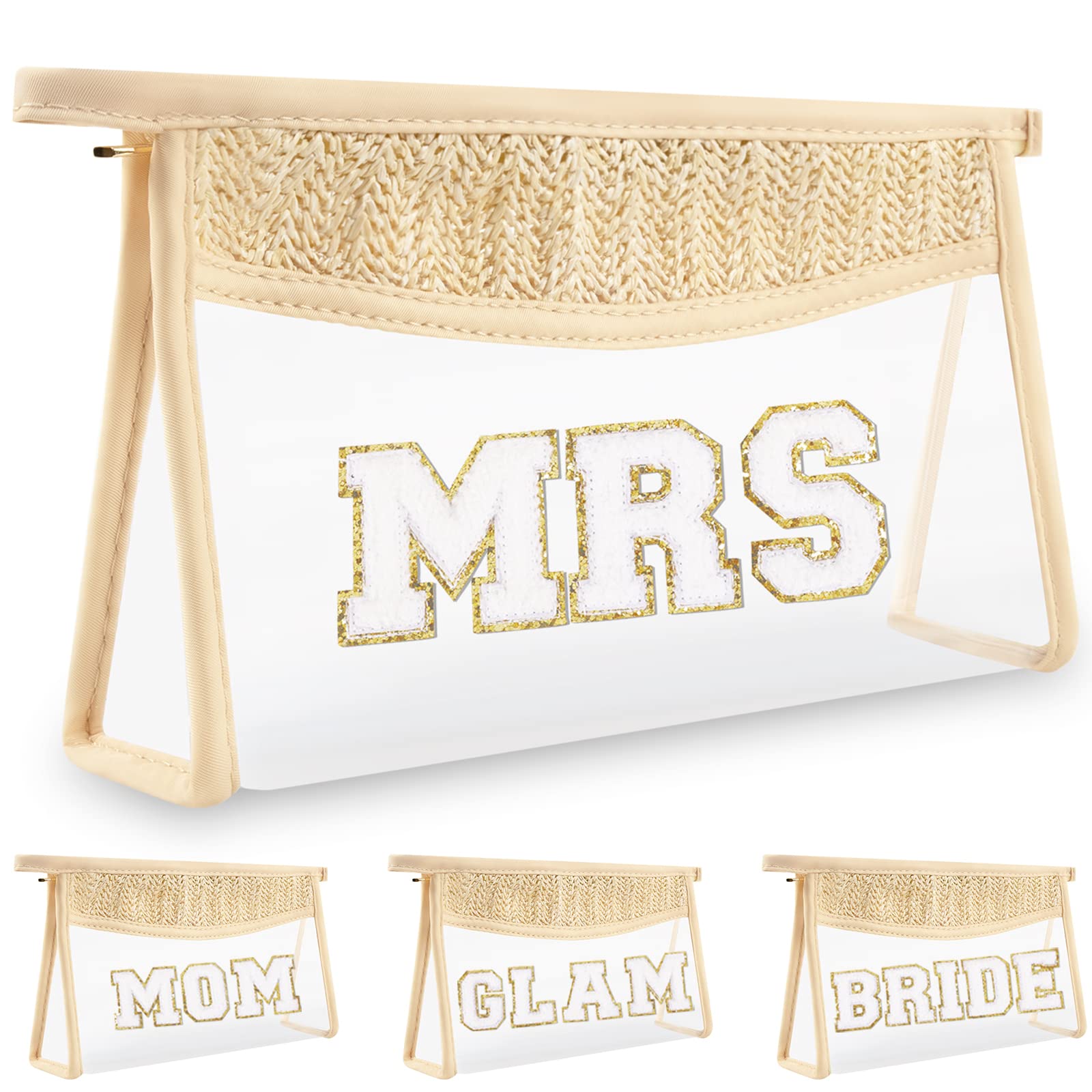 Clear Makeup Letter Patch Makeup Bag MRS Pouch, Boho Clear Toiletry Bags Travel Small Cute Preppy Chenille Letter Cosmetic Zipper Pouch Purse,