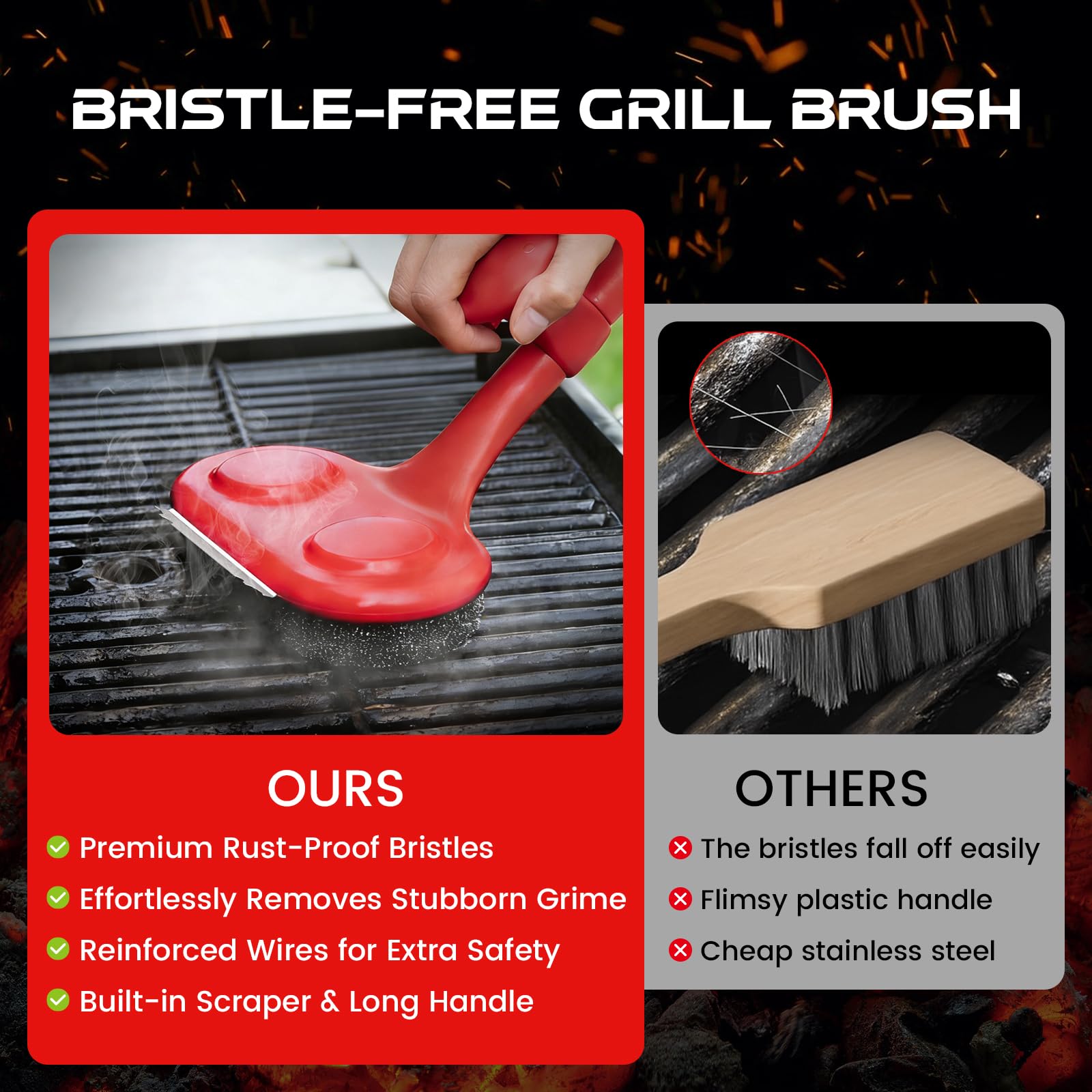 Spazzola per griglia a doppia testa, per barbecue con raschietto e apribottiglie, spazzola per barbecue senza setole con manico extra lungo, accessori per la pulizia a vapore per griglie per