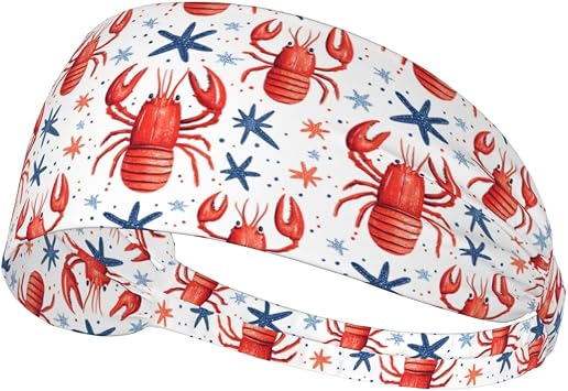 Starfish Lobster Print Workout Headbands for Women - Non-Slip Stretchy Sweat Head Bands for Women Hair, Moisture Wicking Sweatband for Sports Running Tennis Athletic Gym Yoga