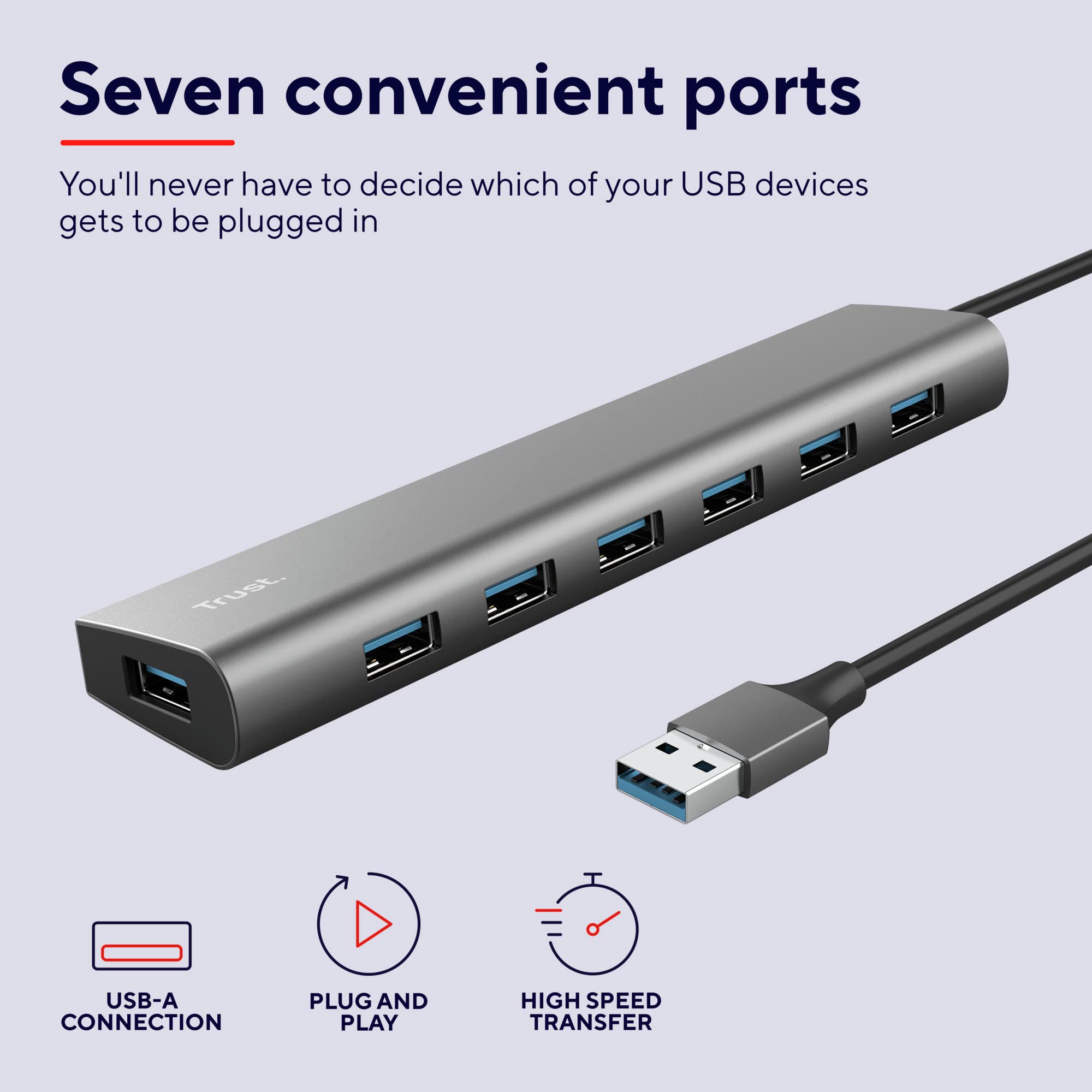Trust Halyx 7 Port USB Hub 3.2 Gen 1, Slim Adapter with USB-C Power Port, Fast 5 Gbps Data Speed, Multiport USB Splitter, Compact USB Extension Cable for MacBook Pro, Laptop, PC, Computer, Notebook
