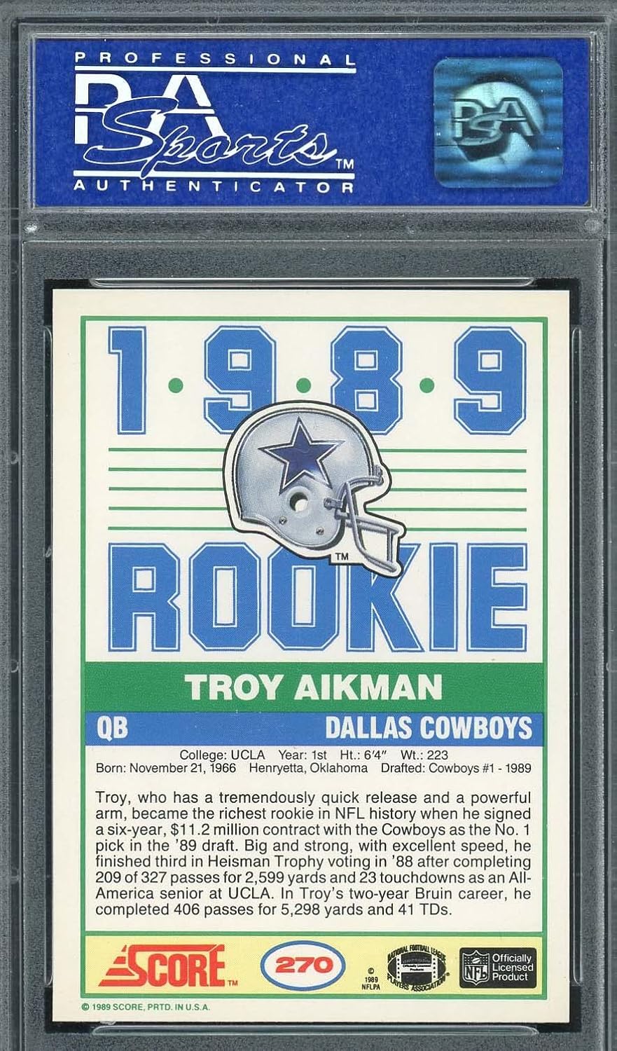 Troy Aikman 1989 Score Football Rookie Card RC #270 Graded PSA 8