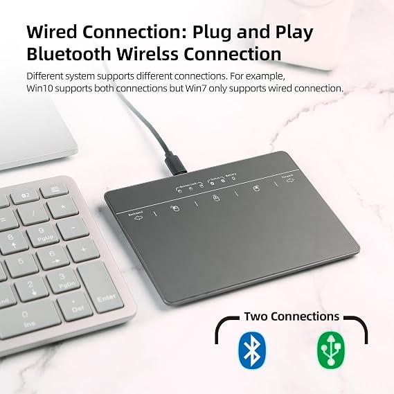 Wired & Wireless Metal Touchpad for PC Computer & Laptop, Rechargeable Trackpad Travel-Friendly Bluetooth & USB Mouse Pad for Windows 7/10/11, Black