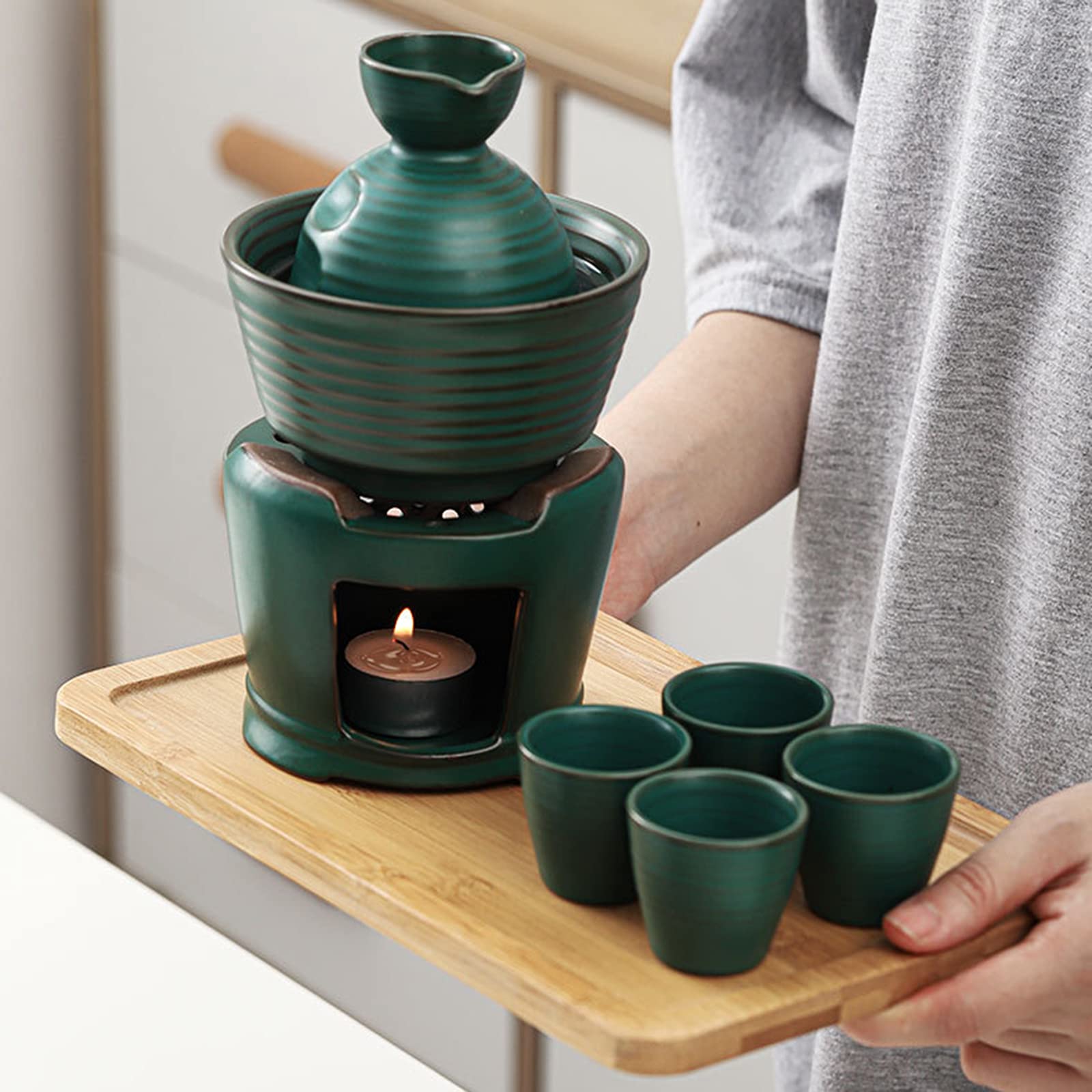 Set per sake in ceramica, set per sake e tazze con scaldavivande, kit per bevande calde per sakè in porcellana tradizionale, 8 pezzi, include 1 fornello, 1 ciotola riscaldante, 1 sakè, bottiglia, 4