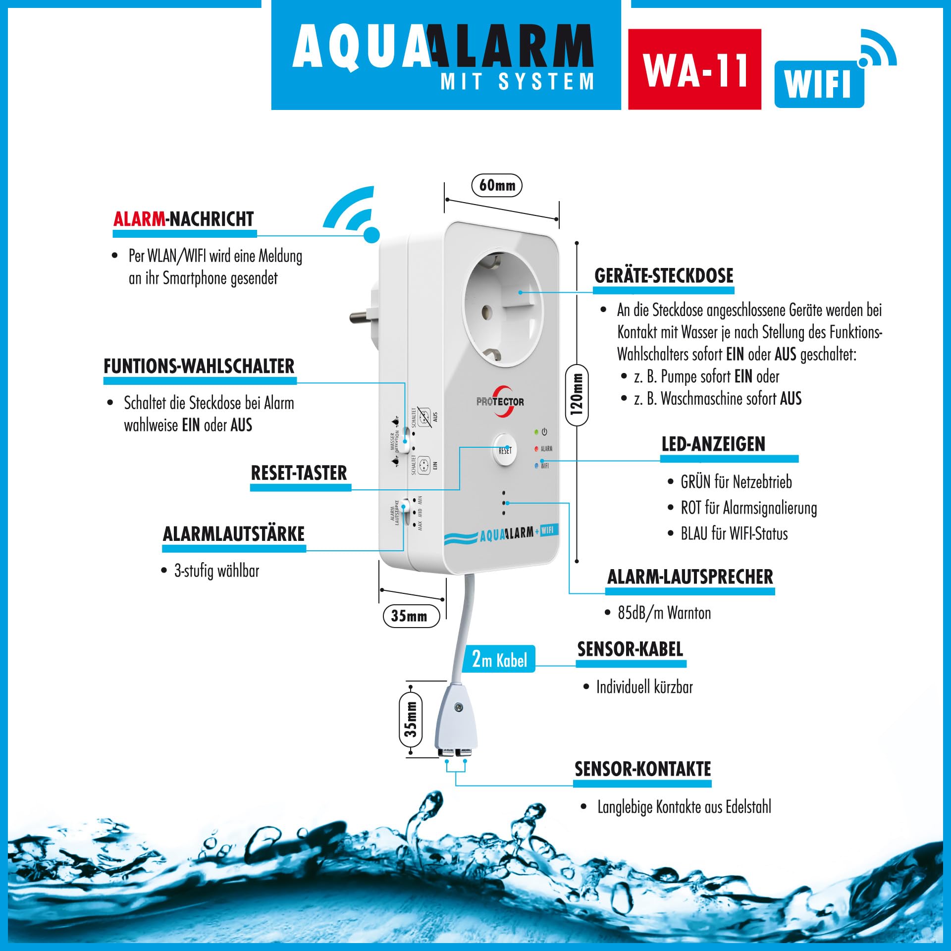 Protector WA-11 czujnik wody WiFi z zewnętrznym czujnikiem poziomu wody, alarm wodny z kablem 2 m, zasilanie sieciowe