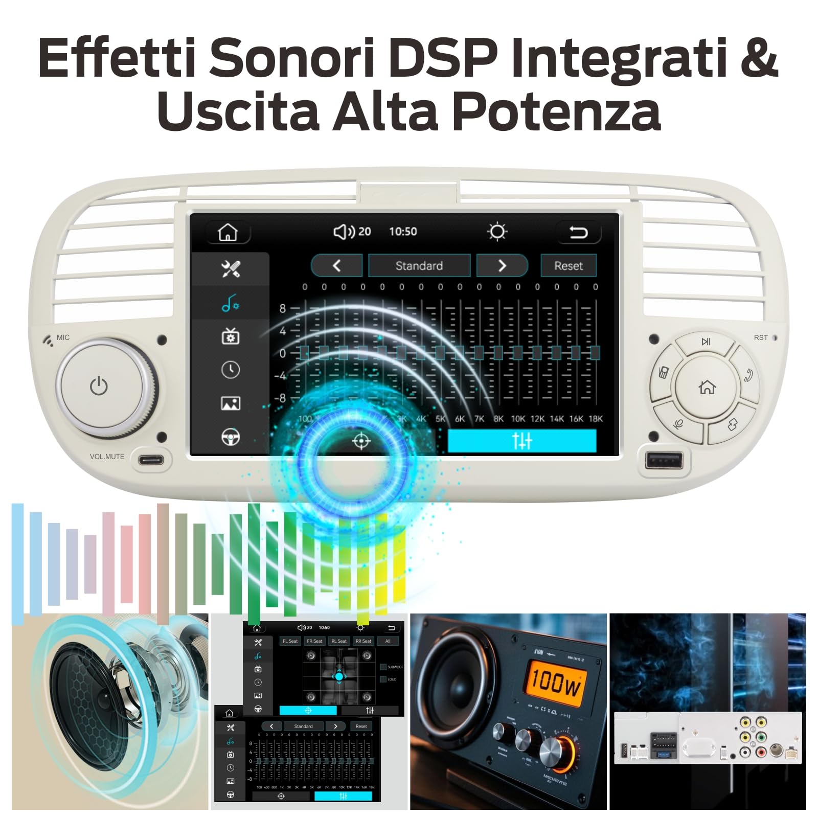 Autoradio Linux Avvio Lampo Compatibile 500 2007-2015 Fiat | Installazione Rapida | CarPlay/Android Auto Wireless/Bluetooth/FM/AM/RDS/USB | DSP 100W | Bianco