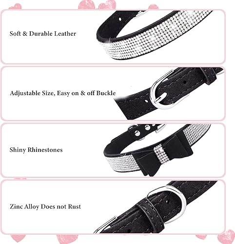 Miniatura 4 de Collar de perro para perros pequeños, paquete de 2 collares ajustables de cuero para perro, collar de gato con diamantes de imitación (S, negro y