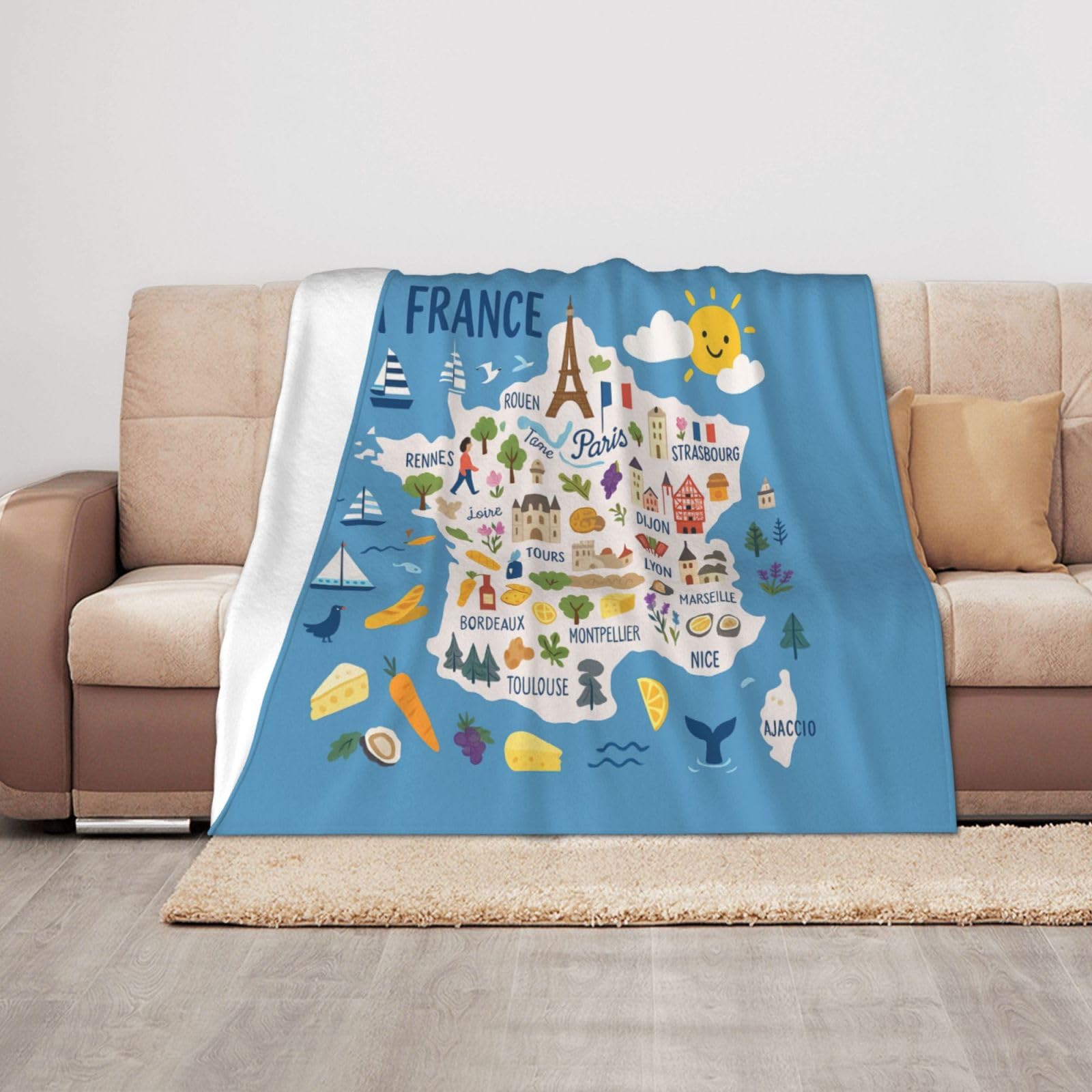 Ztpowqa Women's Black France Map With Icons Decorat Print Plush Blankets 50 X 40 In Cozy Blanket For Couch Soft Warm For Home Decor Sofa