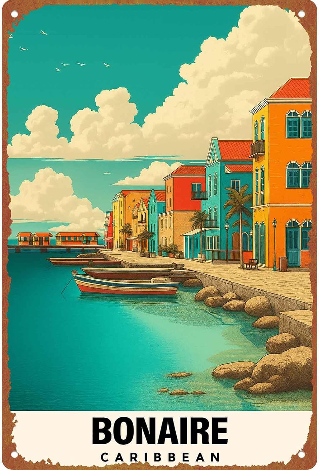Vintage Bonaire Caribbean Travel Poster 8x12 Inch Aluminum Metal Wall Art Decor, Retro Caribbean Coastal Town Scenery Print, Decorative Plaque for Home Living Room Bedroom