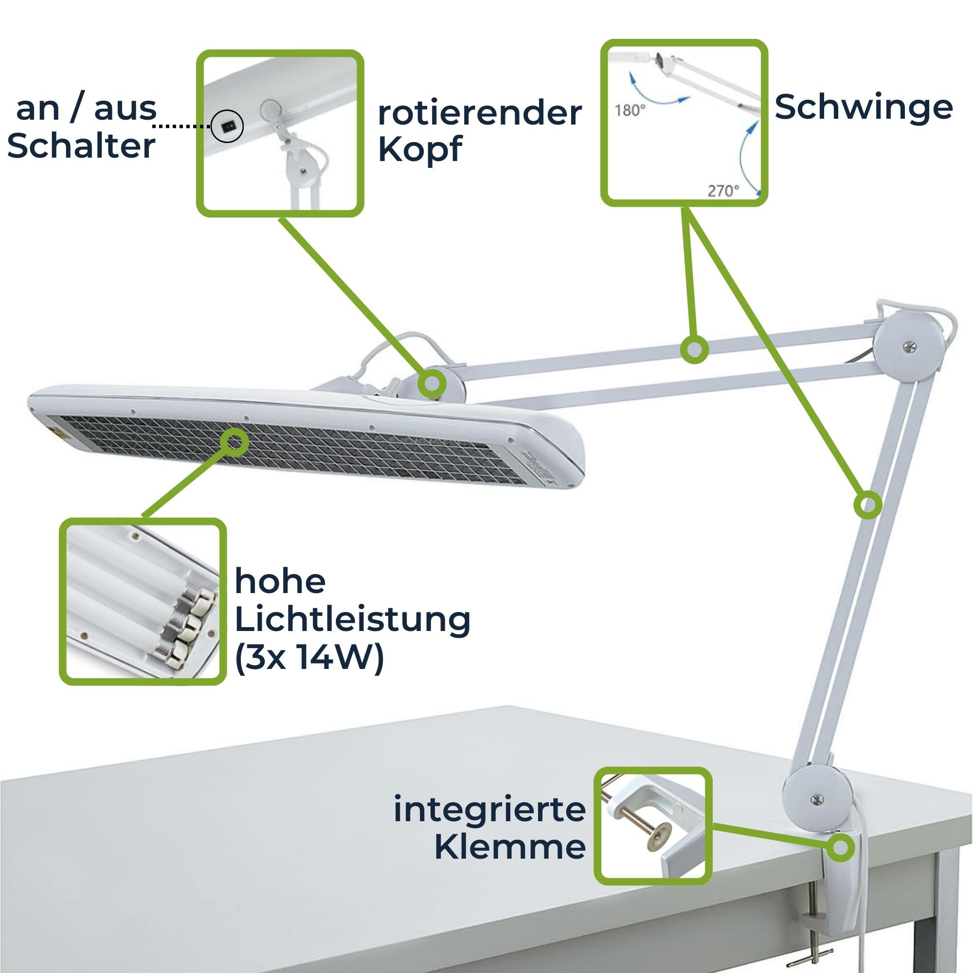 Velleman Verstellbare Schreibtischlampe mit Klemmbefestigung, Schwenkarm, Ein-/Ausschalter, Länge 105 cm, Breite 60 cm, mit 3x T5 14 W Leuchtstoffröhren, 2700 Lumen, 6500 K, weiß