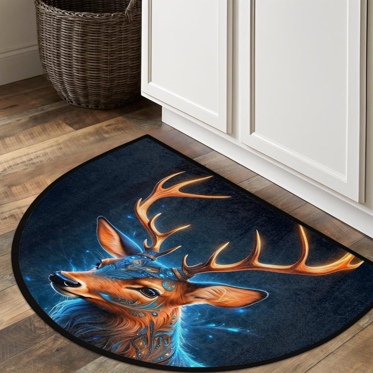 Half Round Door Mat Deer Animal Blue Half Moon Rug Ethnic Animal Washable Half Circle Area Rugs Indoor Entrance Non Slip Semi Circle Bathroom Rugs Floor Carpet for Kithen Bedroom Fireplace Decor
