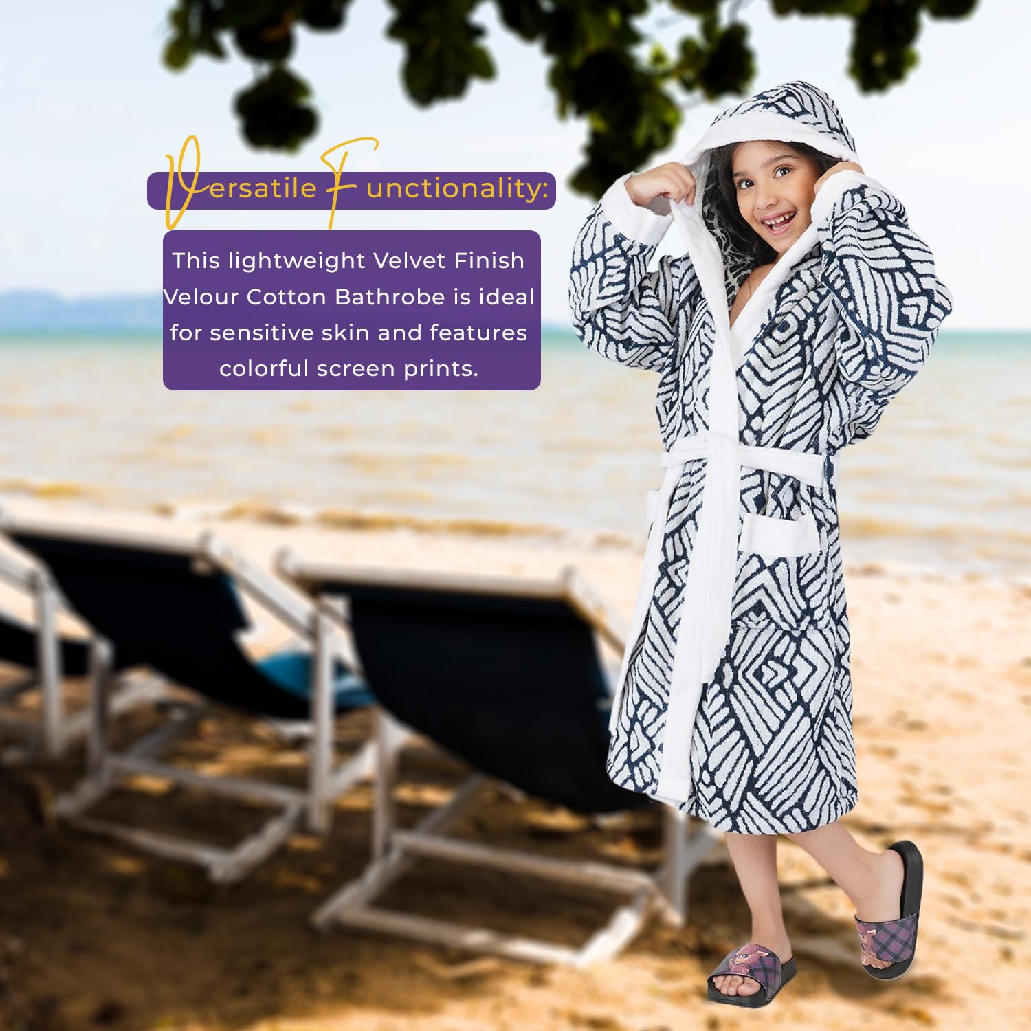 RANGOLI 100% Cotton Terry Hooded Knee Length Bathrobe for Kids, Unisex Bath Robe for Boys & Girls with 400 GSM Fabric and Stylish Printed Design (Navy Blue - 9 to 10 Years) |Jacquard Collection 3