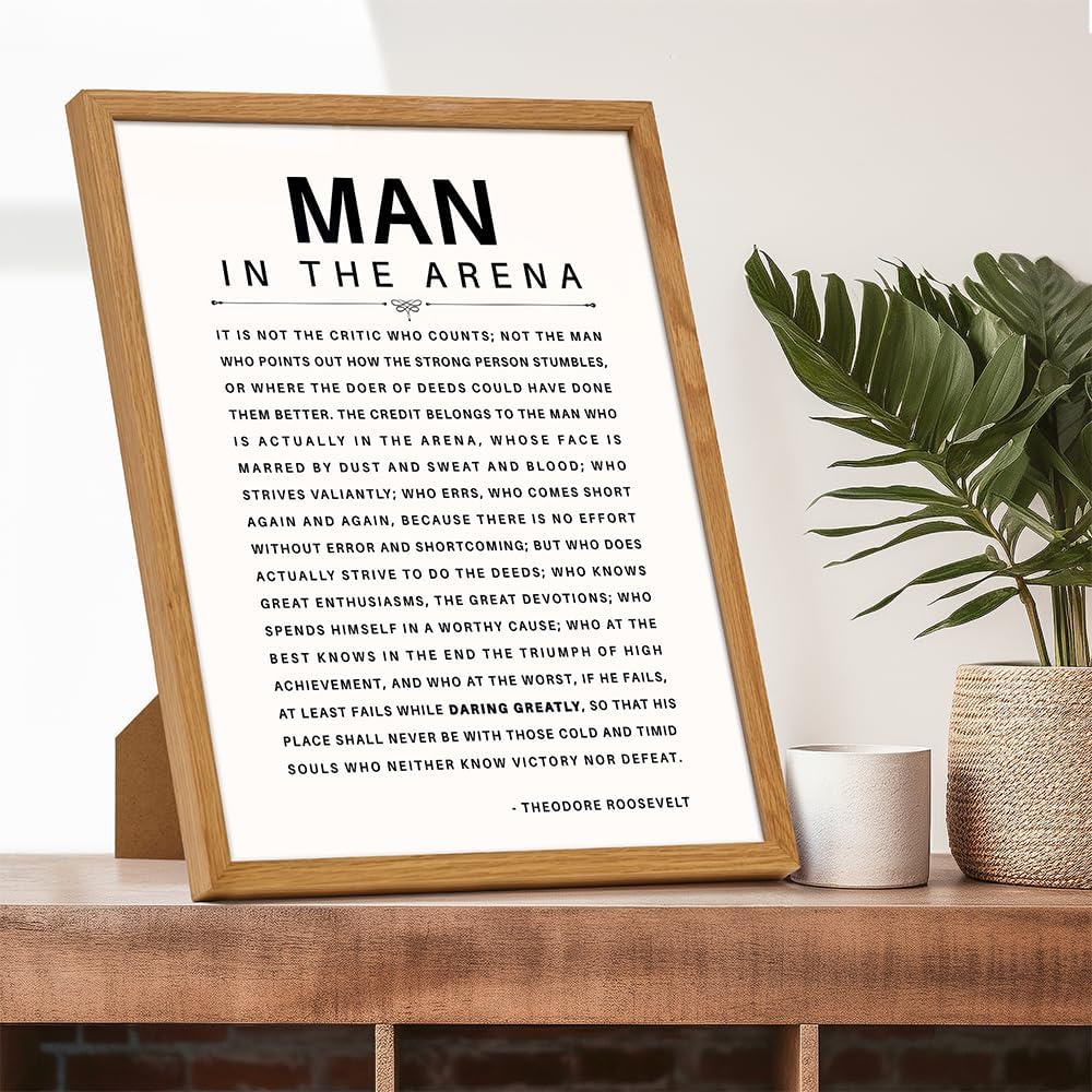 LARGE 11X14 FRAMED - Man in the Arena - Inspirational Quotes - Teddy Roosevelt Poster - Motivational Gifts for Men, Teen Boys Entrepreneur - Office, Living Room, Bedroom Wall Art Decor, Daring Greatly