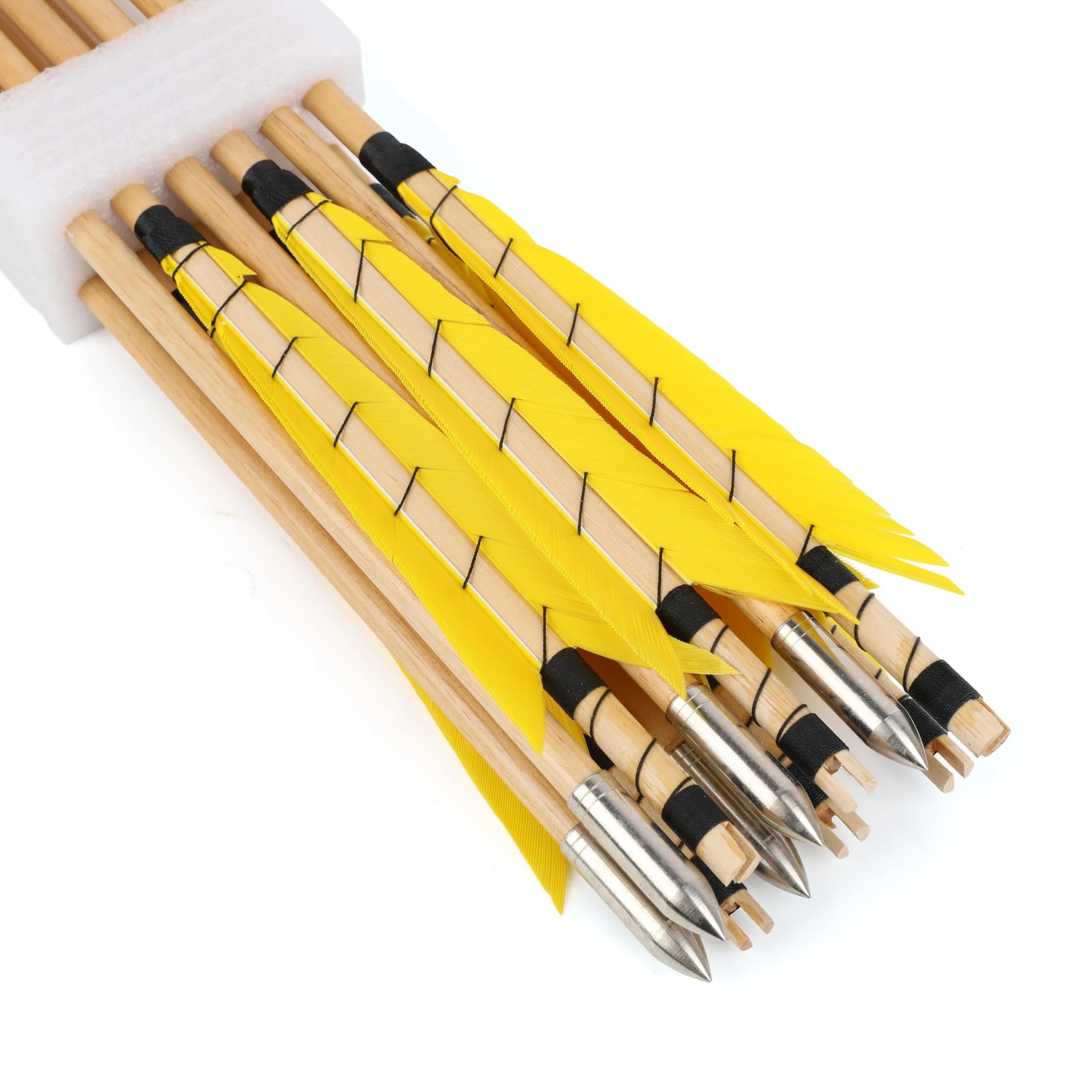 SHARROW 6/12pcs Tir à l'arc Flèches de Bois Flèches de Chasse Traditionnelles Arbre de Flèche en Bois avec 5" Plumes Naturelles Métal Pointe de Flèche