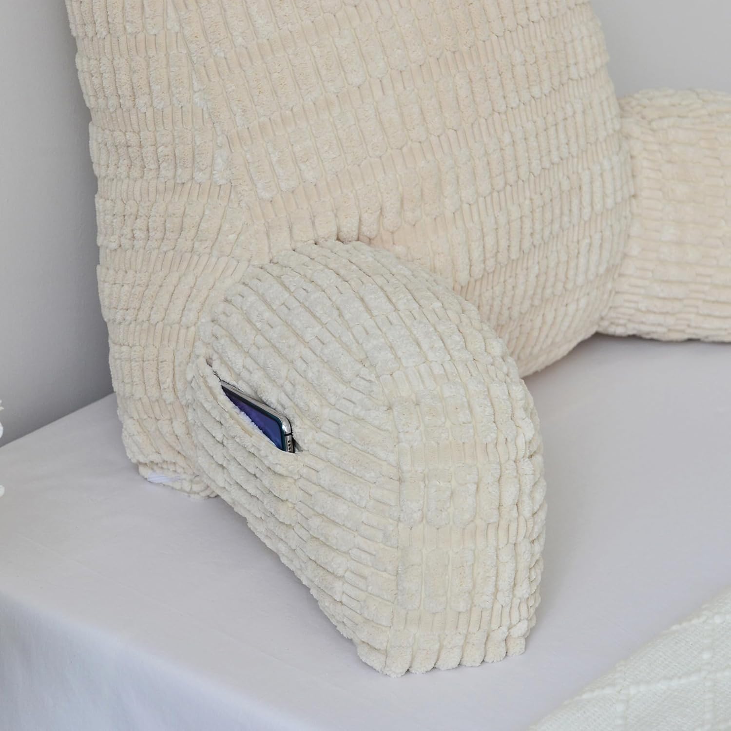 WERDIM Reading Pillow with Detachable Neck Roll, Large Back Pillow for Sitting Up in Bed Couch, Adult Bed Rest Pillow with Arms for Reading/Watching TV/Gaming, Beige