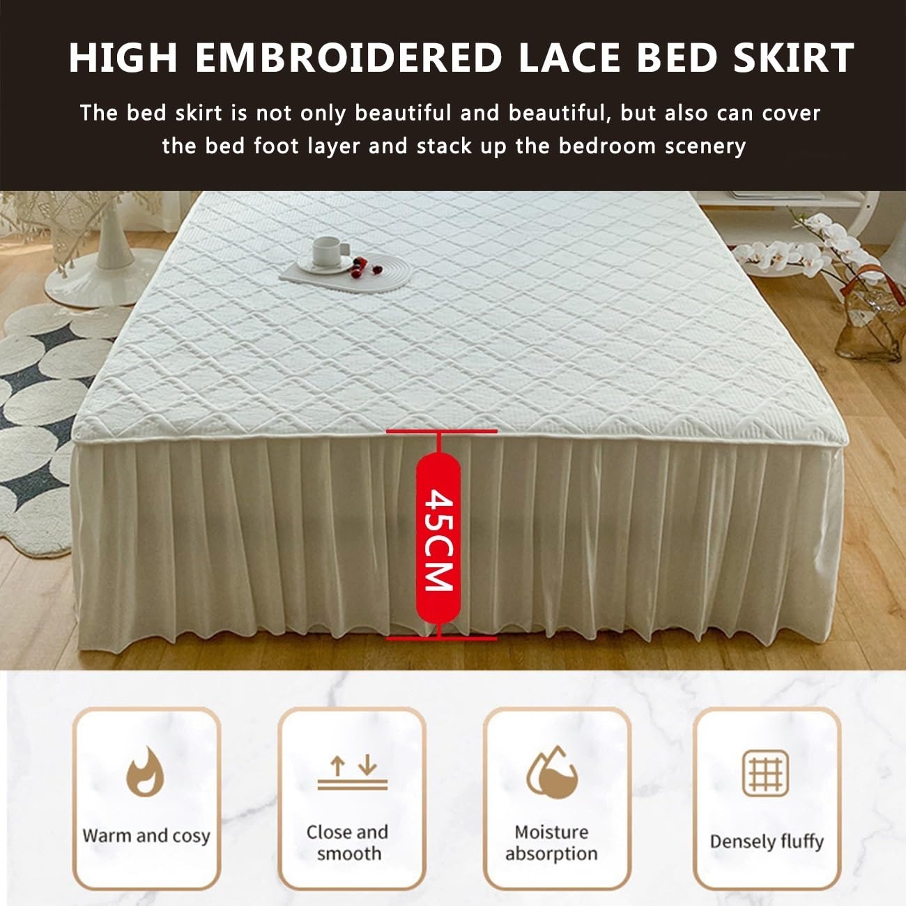 LUKKC Rüschen Bettrock Mikrofaser - 180x200cm | Spannbetttuch Mit 45cm Abhang | Bettdecke Für Erwachsene & Kinder