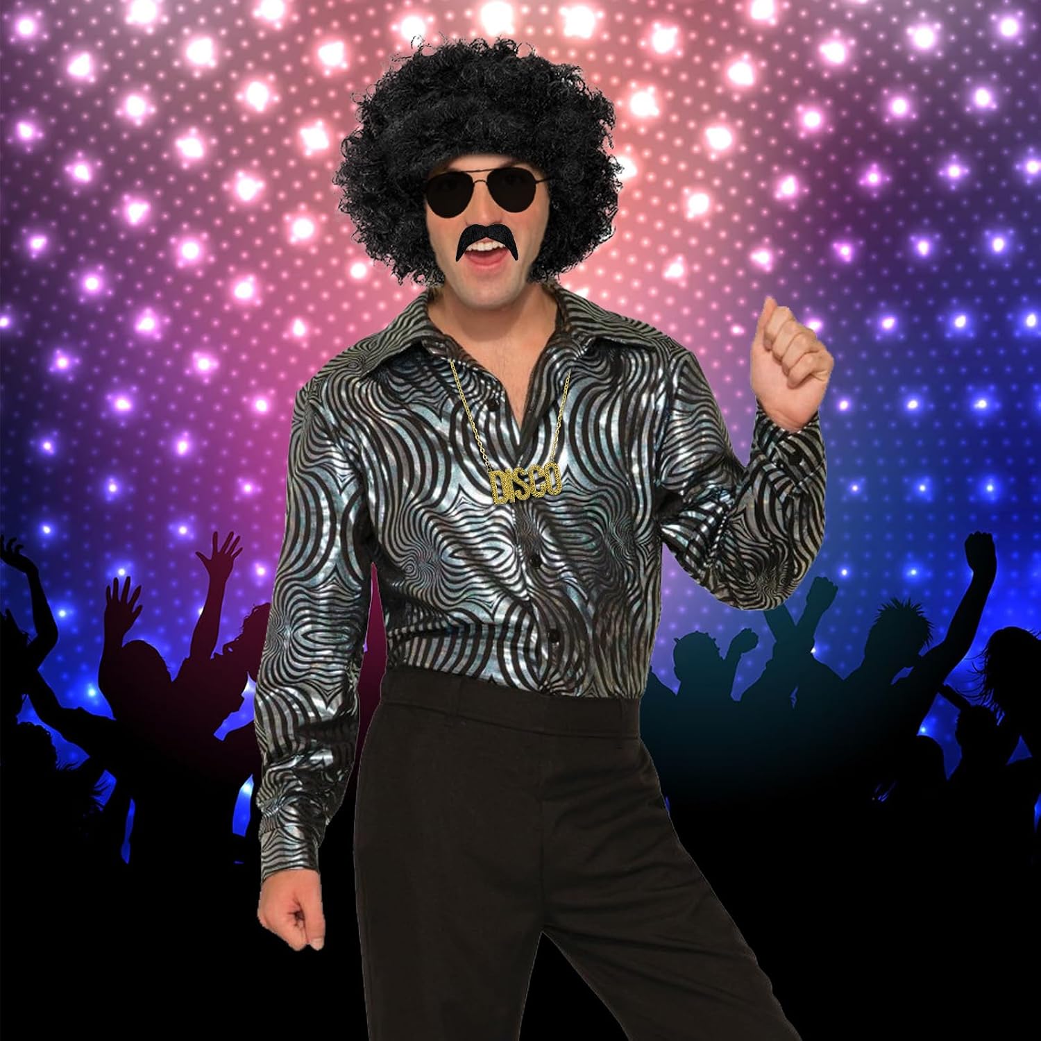 Costume Disco Hippie Homme 6 Pièces – Lunettes Funky, Chaîne, Micro, Moustache, Bagues – Années 70/80 Pour Soirée