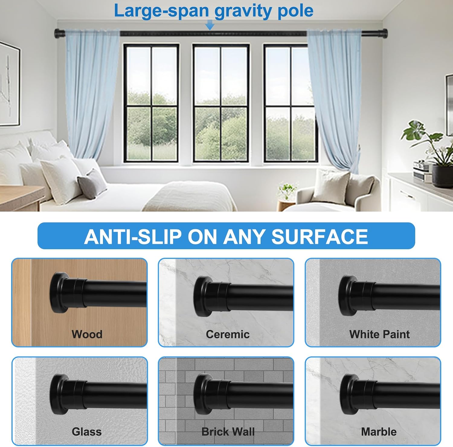 Tension Curtain Rod for Window, 28 to 43 Inches, Heavy Duty No-Drilling Tension Rod, Non-Slip Spring Loaded Shower Rod, Adjustable, Renter Friendly, Black