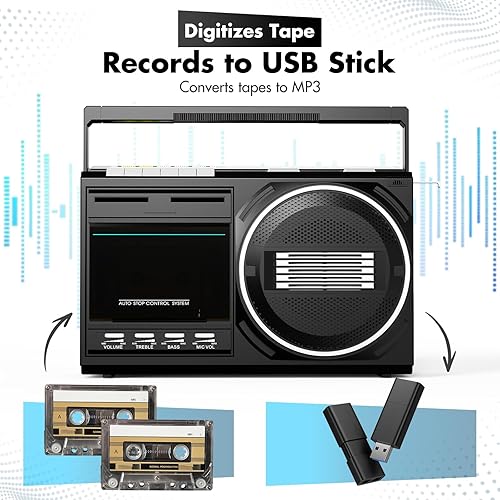 Miniatura 4 de Grabador de casete Boombox con Bluetooth Boom Box Radio portátil FMAMSW - Convertidor de cinta retro USB con conector para auriculares - Micrófono
