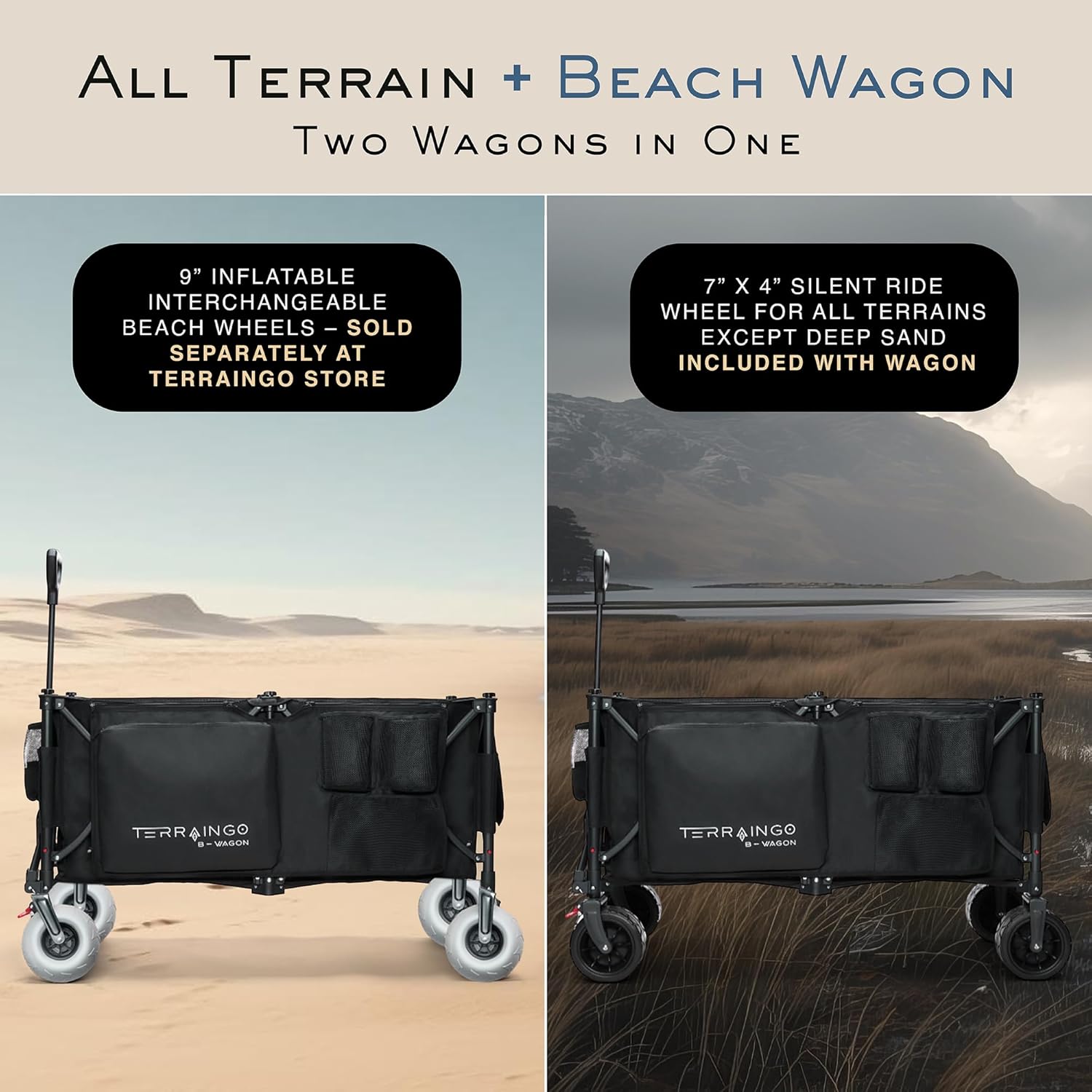 Terraingo Foldable Wagon Cart with Wheels - All-Terrain Utility Cart for Gardening, Fishing, Grocery, Beach - Built-in Insulated Cooler Pouch, Storage Pockets, Front Cupholders - 260L, 47x24x26
