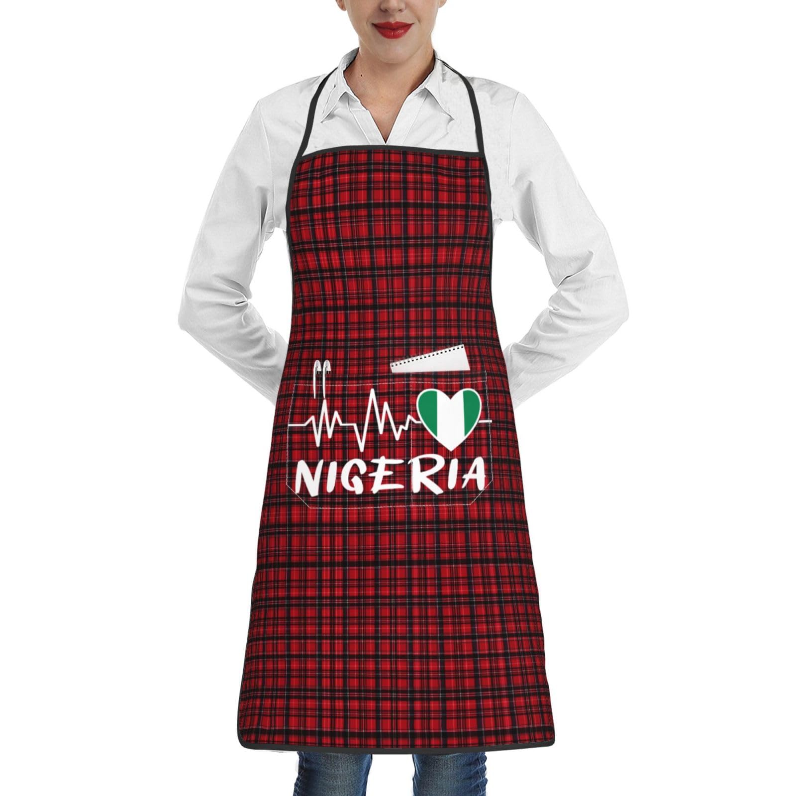 nopicsn Nigeria Heartbeat Apron for cooking with Pockets Women Men Kitchen Chef Funny Aprons