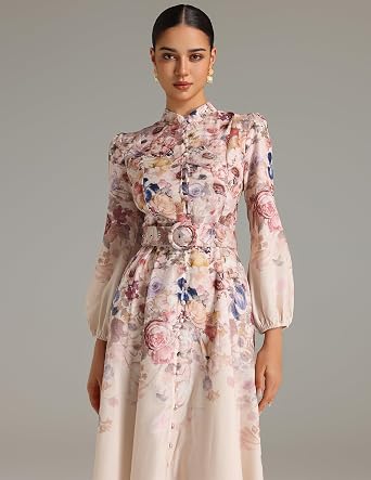 BELLA BARNETT Floral Dress for Women Midi Birthday Mock Neck Lantern Sleeve Printed tylish Button Down Women Casual Dress