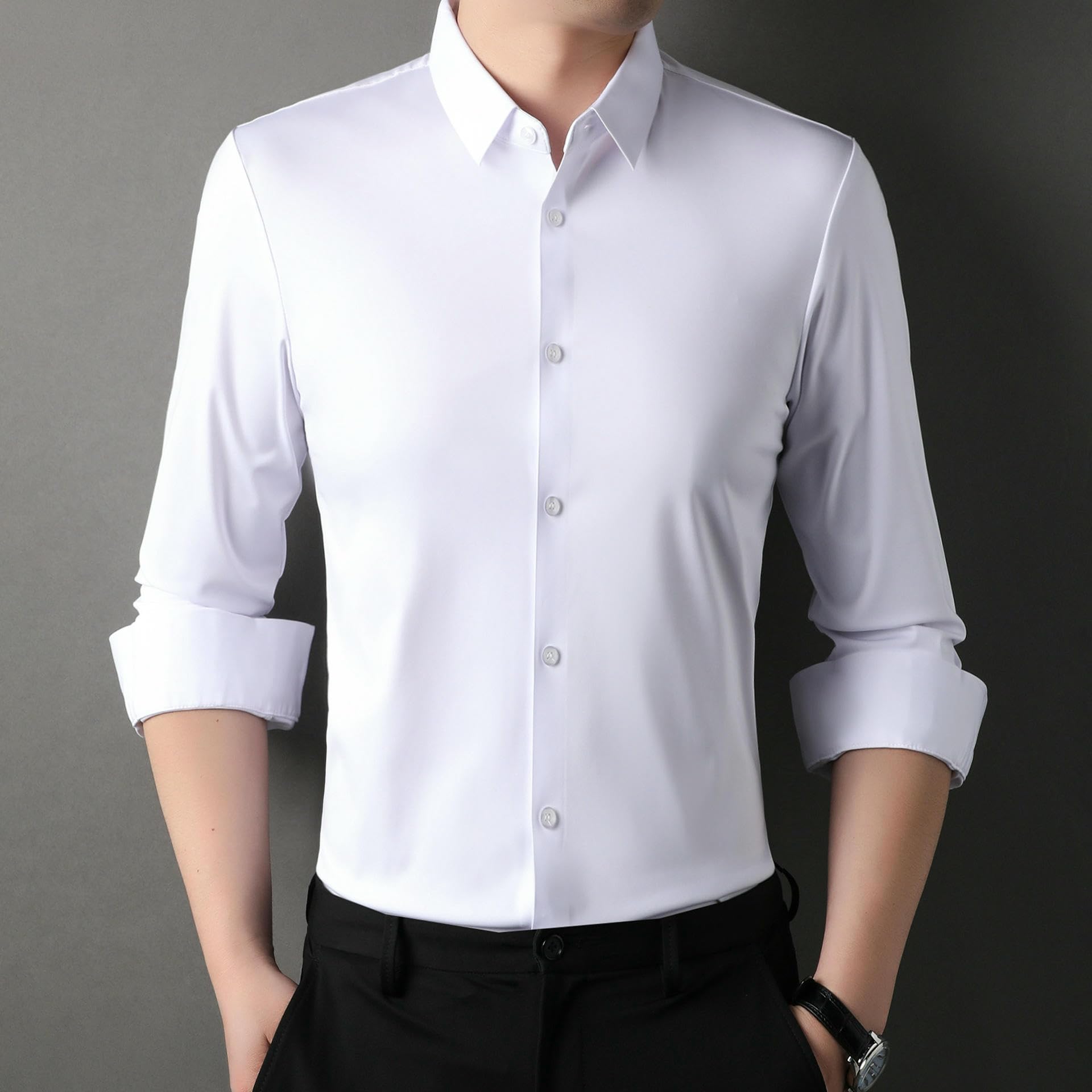 Camisa de manga larga para hombre, color sólido, sin arrugas, elástica, transpirable, casual, ajustada, profesional, para hombre