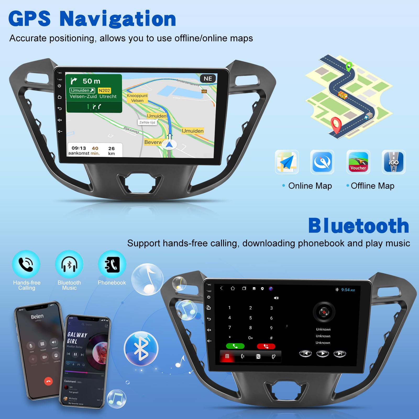 Android Autoradio pour Ford Transit Tourneo Custom 2013-2021, 9 Pouces Écran Tactile Stéréo Supportant sans Fil Carplay & Android Auto/GPS/WiFi/EQ Audio/Bluetooth/FM RDS Radio/SWC