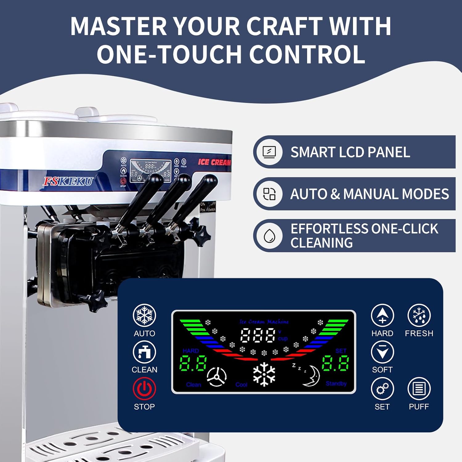 High-Efficiency Commercial Soft Serve Ice Cream Machine - 20-28L/H Capacity, Auto Clean,3 Flavors LED Display, Ideal for Restaurants and Snack Bars, 2200W