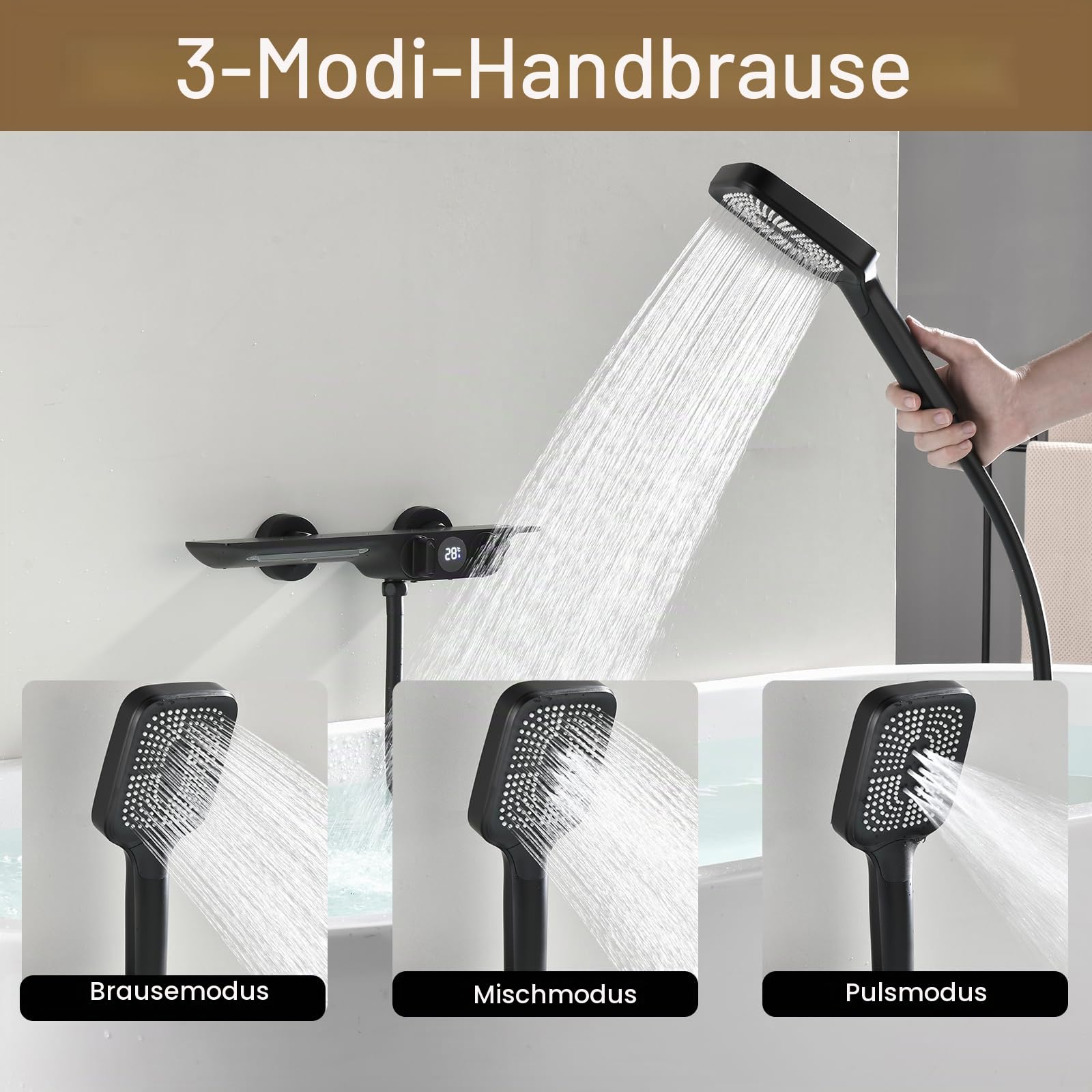 Badewannenarmatur mit Handbrause, Wasserfall Badewannenarmatur