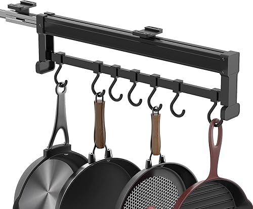 SOYO Estantes ajustables para ollas de 22 pulgadas, organizador extraíble para ollas y sartenes con 7 ganchos, armario de cocina extensible para