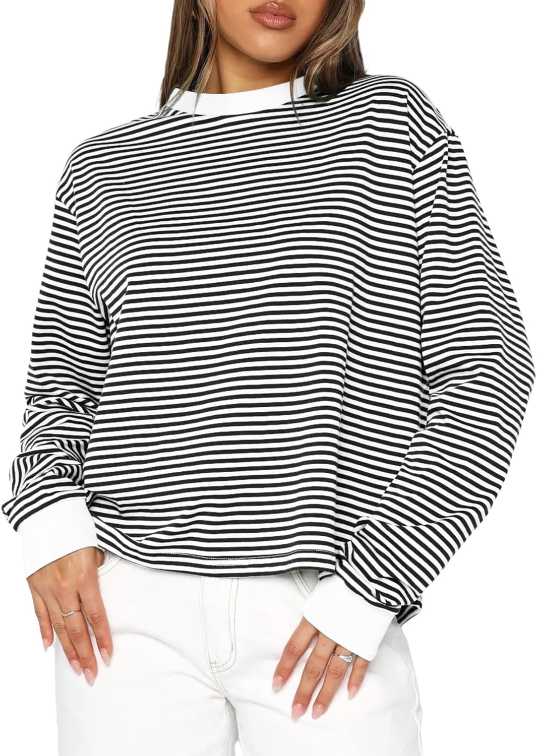 Cioatin Women Oversized Long Sleeve Striped Colorblock Tee Tops Crew Neck Loose Tshirt Pullover Y2K Aesthetic Fall Outfits