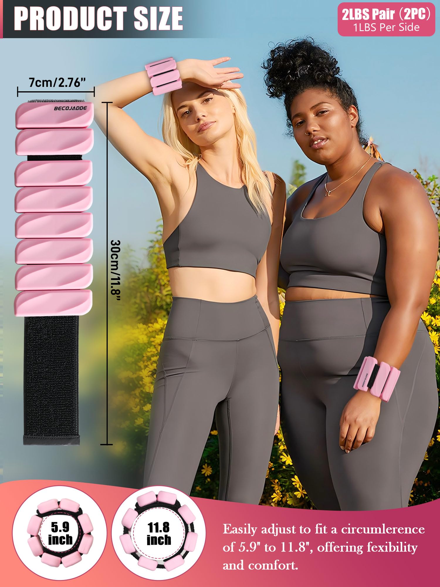 BECOJADDE Ankle Weights for Women Men Set of 2 (0.45 Kg Each) Adjustable Wrist Weights Bracelet for Home Gym Weighted Wristbands Leg Arm Weights for Walking Swimming Running Pilates Yoga Pink - Image 3