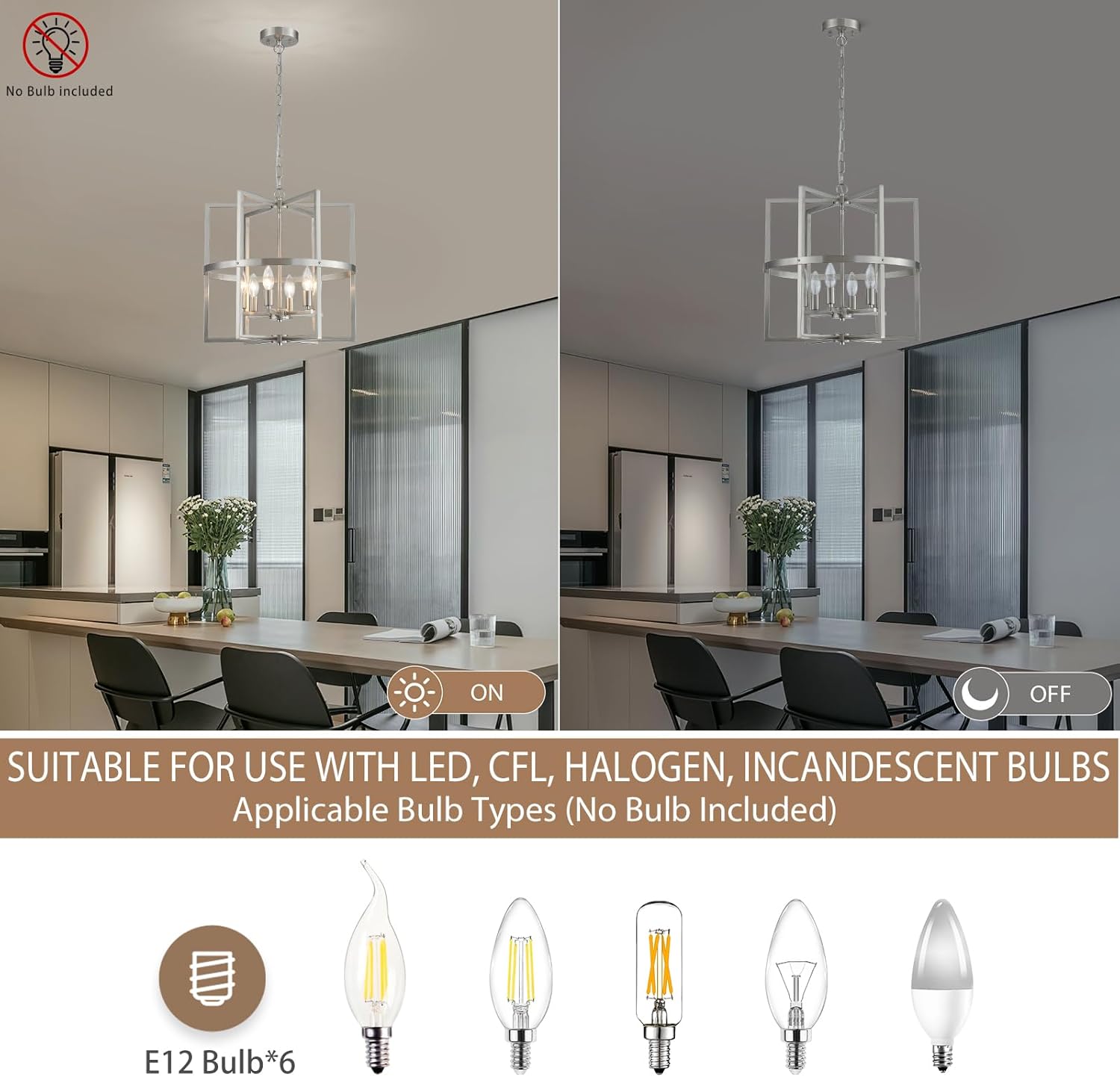 Brushed Nickel Chandelier 6-Light, Dining Room Light Fixture Geometric Metal Modern Chandelier Lighting for Kitchen Island Living Room Entryway, 18 Inch Pendant Hanging Ceiling Lamp