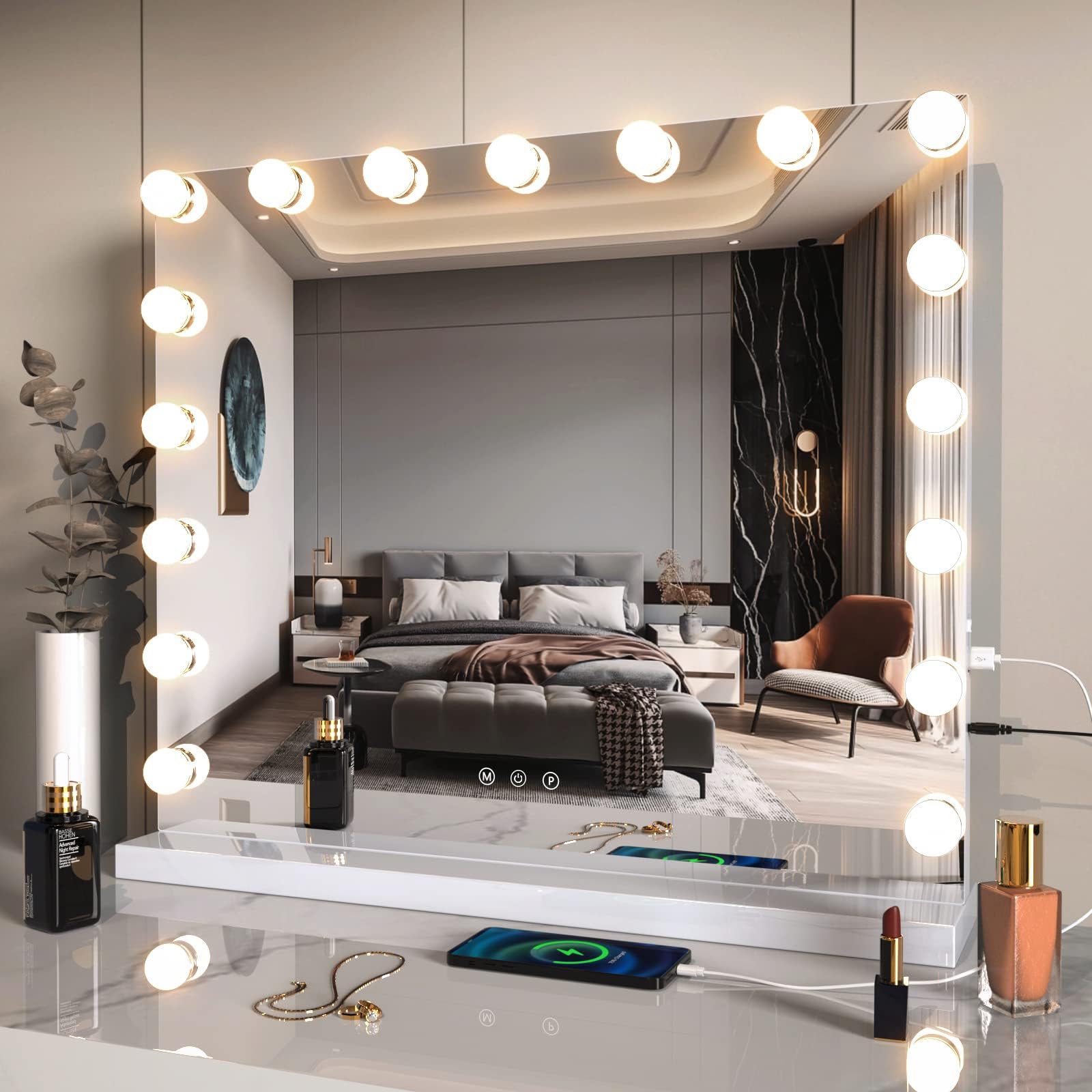 ZL ZELing Vanity Mirror Makeup Mirror with Lights,60 x 50cm Large Tabletop Light up Mirrors with 17Bulbs,10X Magnification,USB Charging Port,3 Color Touch Control Dimmable Lights.