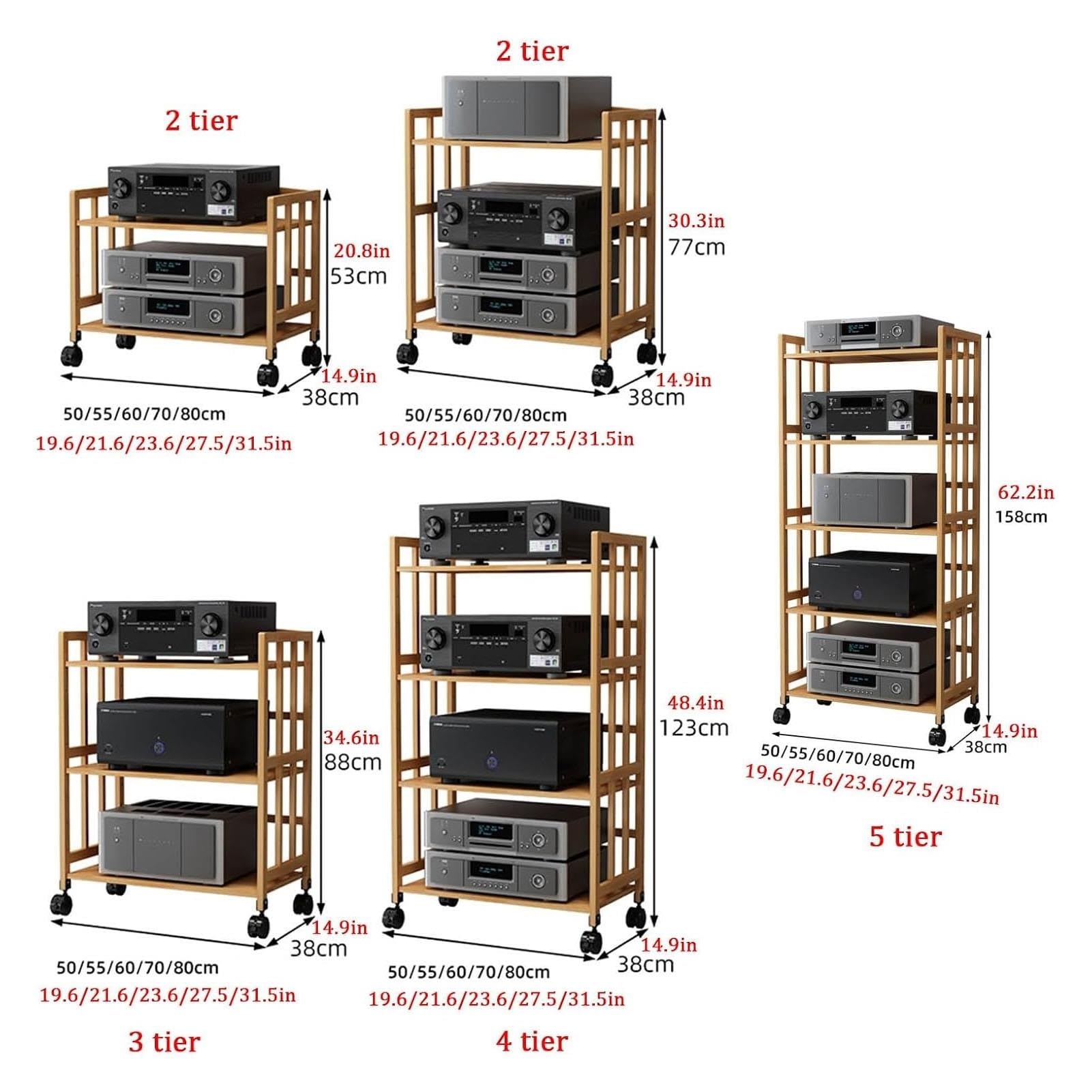 Bamboe Tv Rack Hifi Shelf Audio Cabinet, Audio Rack met 2/3/4/5 Niveaus
