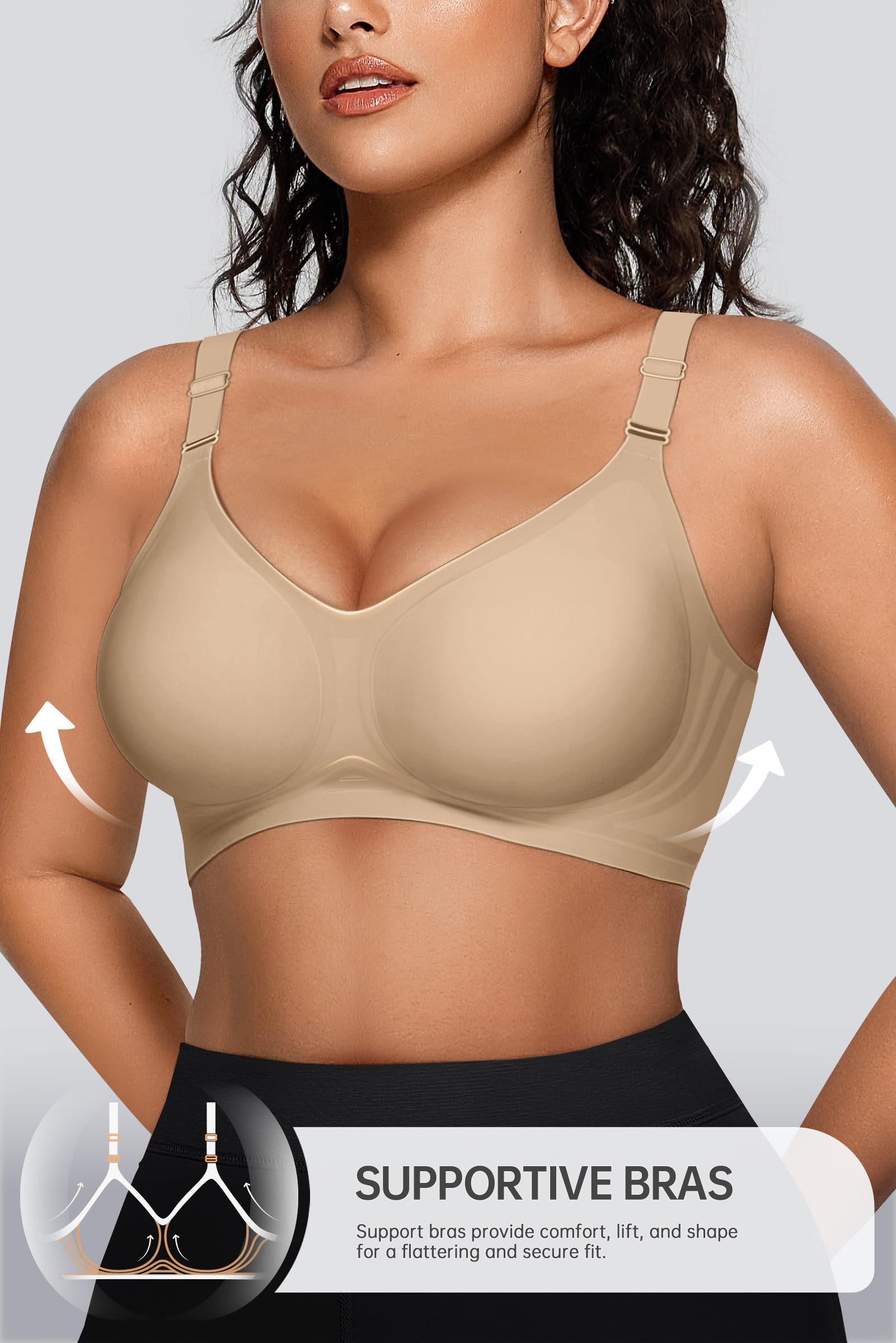 OEAK Damen BH Ohne Bügel Push Up Nahtloser V-Ausschnitt Bra Bügelloser Gepolstert Glatter Bustier Tshirt Schlaf BHS mit zusätzlicher Verlängerung (Weizenbraun,XXL)