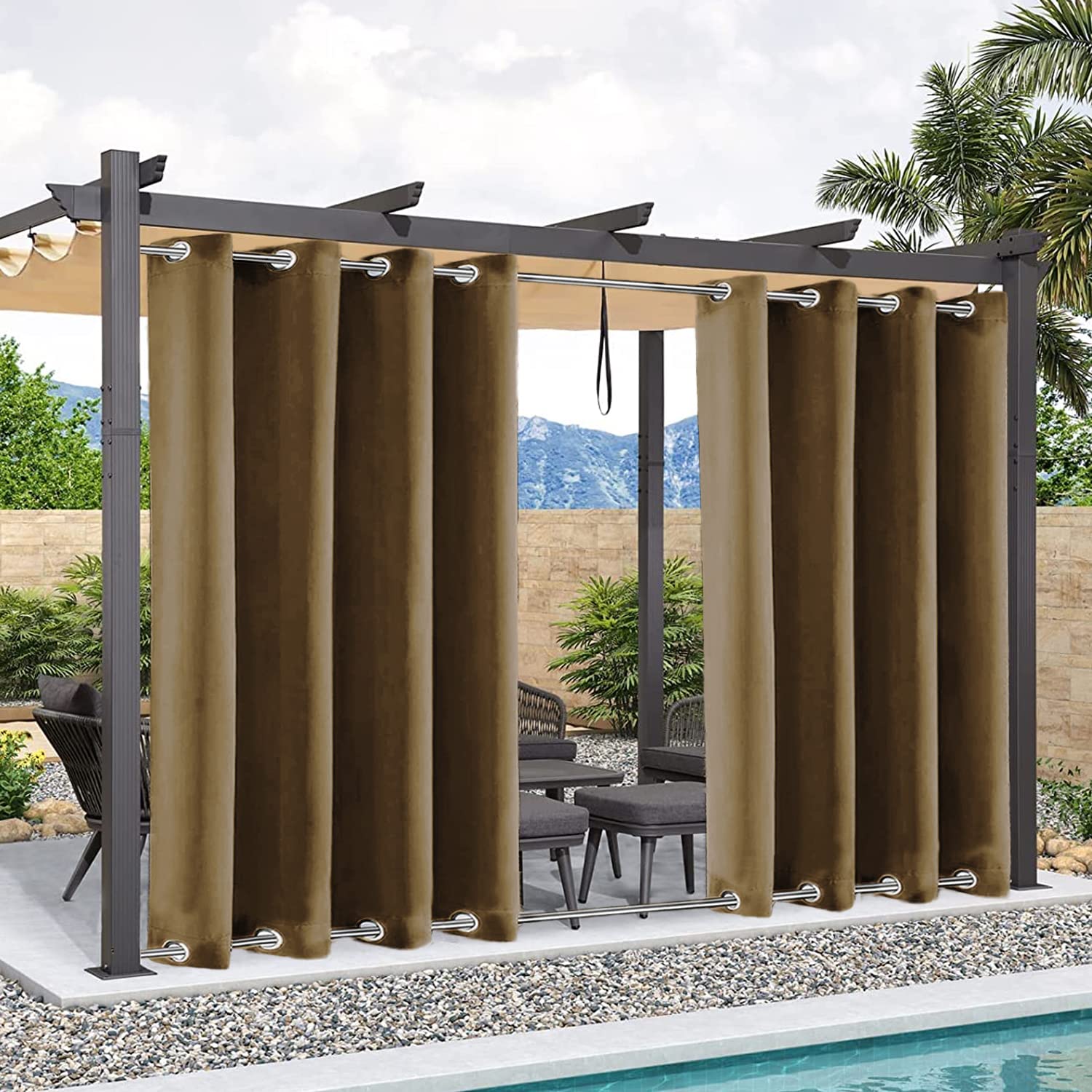 Outdoor Vorhänge Wasserdicht 230x800, Wasserdicht Verdunkelungsvorhang, Winddicht Wasserabweisend Sonnenschutz mit rostfreier Öse für Balkon Terrasse Veranda Pergola Gartenlaube - Khaki