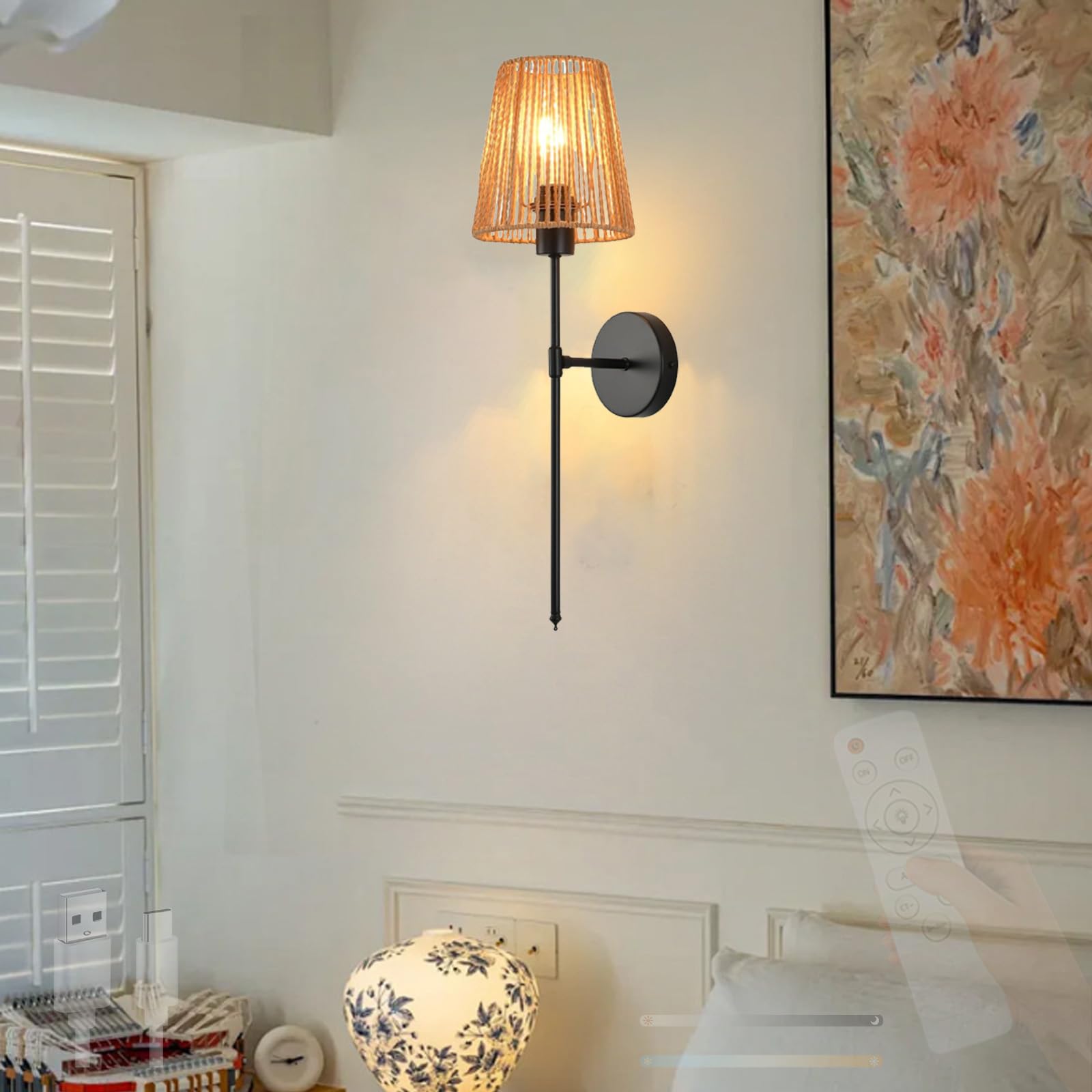 Lampa ścienna LED Retro z pilotem zdalnego sterowania, możliwość ściemniania, ładowana przez USB, rattanowa, nowoczesna lampa ścienna 2700 K-6500 K do sypialni, salonu i korytarza.