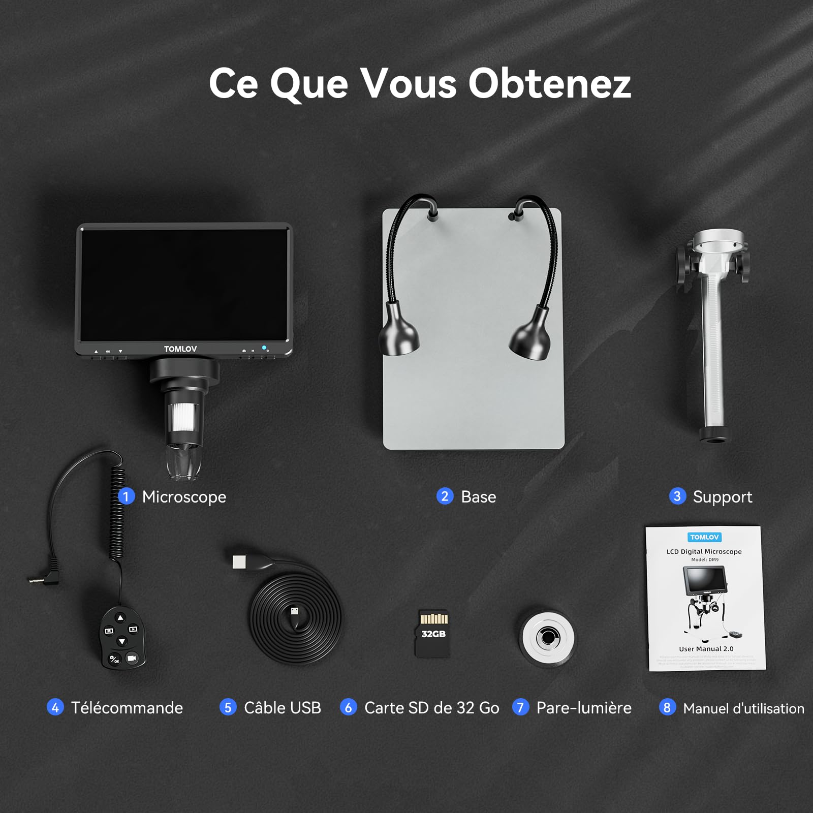 TOMLOV DM9 7" LCD Microscope Numérique, 12MP Magnification Loupe à Pièces 1200X, Cadeau pour Les Collectionneurs Adultes, Support Métallique, Éclairage LED Flexible, Compatible Windows/Mac OS, 32Go