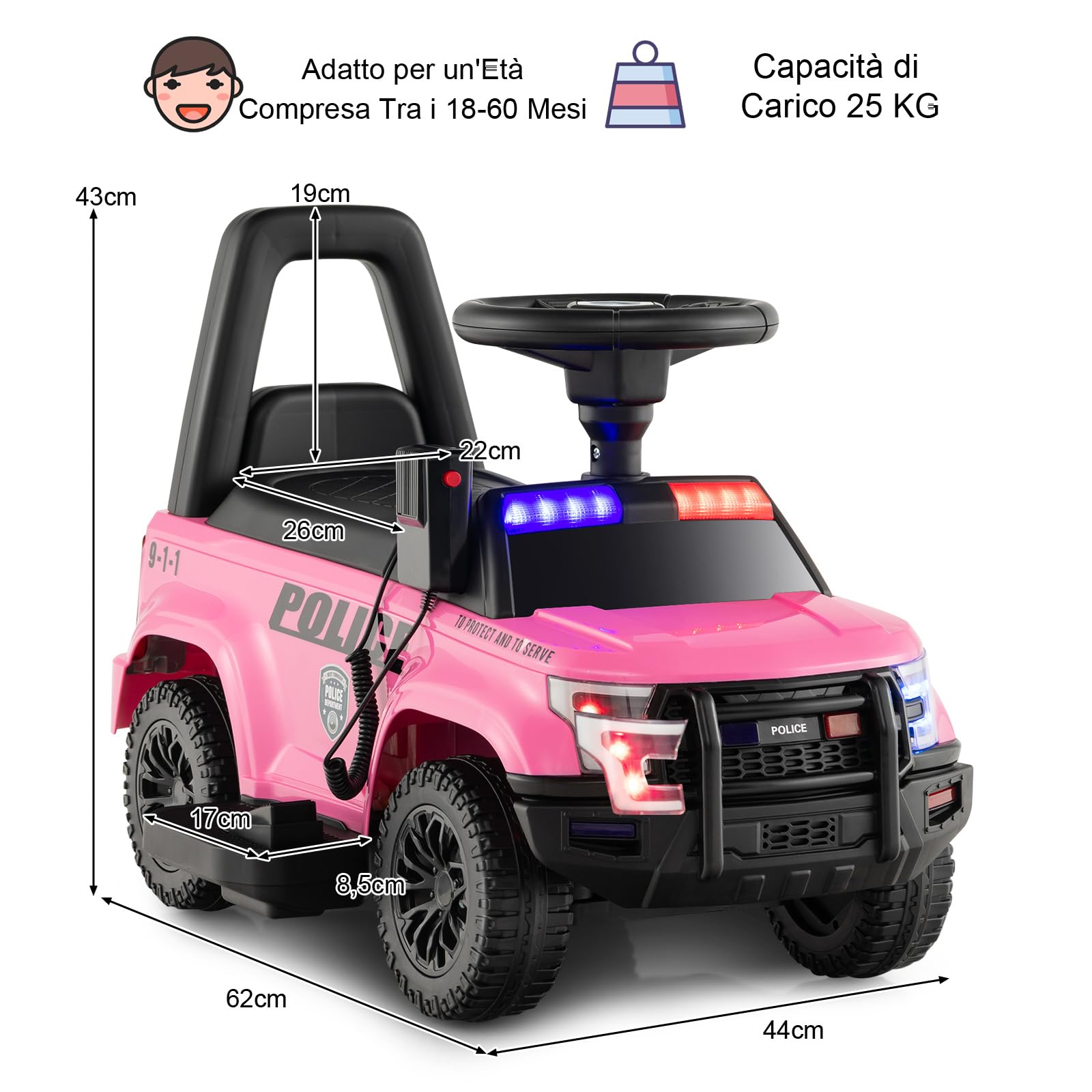COSTWAY Auto Elettrica per Bambini, Auto della Polizia Giocattolo con Clacson Luce di Avvertimento e Suono della Sirena, Velocità 3 km/h, per Bambini 18-60 Mesi (Rosa)